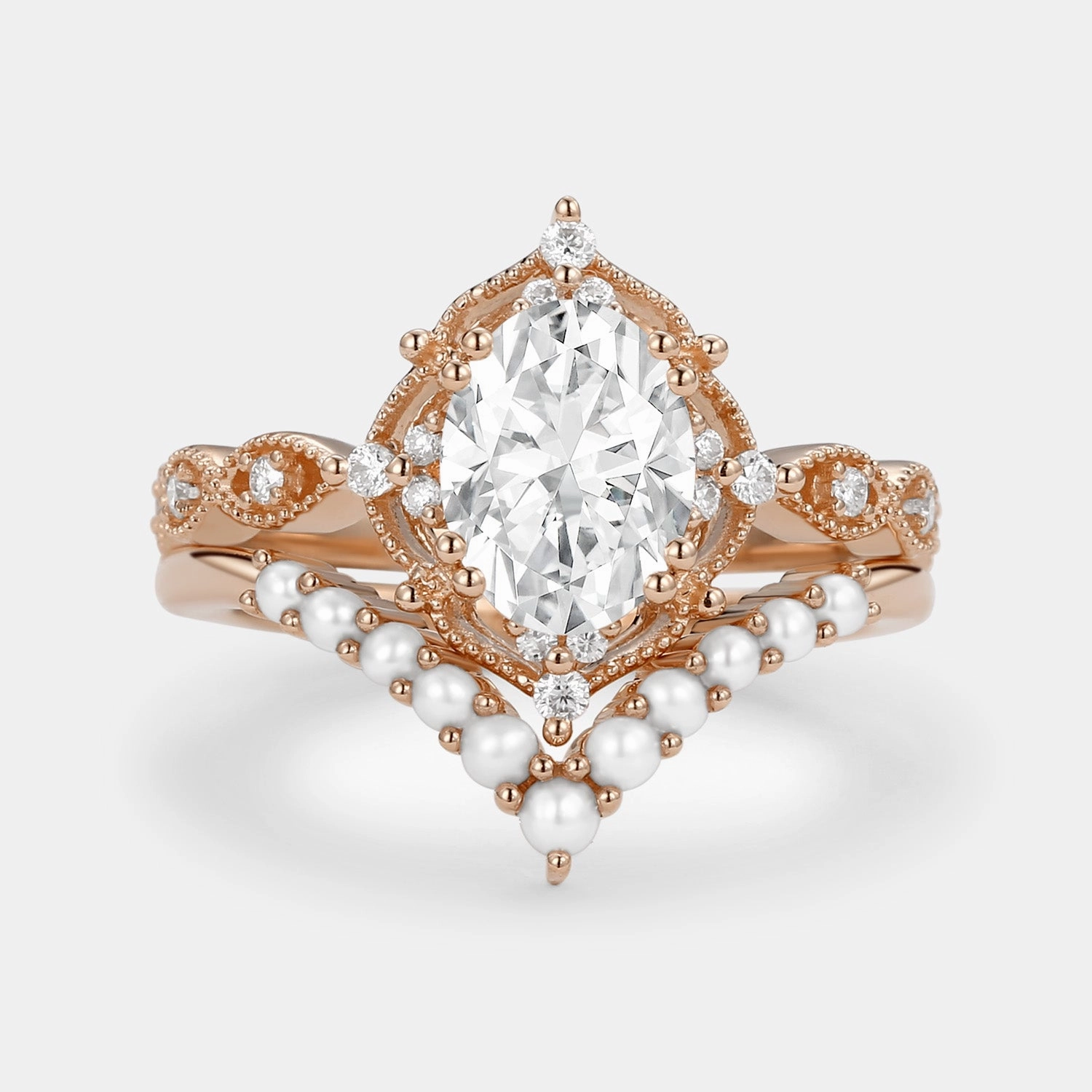 Zoom Focus Luxe Glow 1.5ct Oval Moissanite Signature Vintage Pearl-fect Ring Set 2pcs - Slate