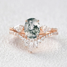 Effortless Touch 1.5ct Oval Moss Agate Kite Three Stones Engagement Ring Set 2pcs