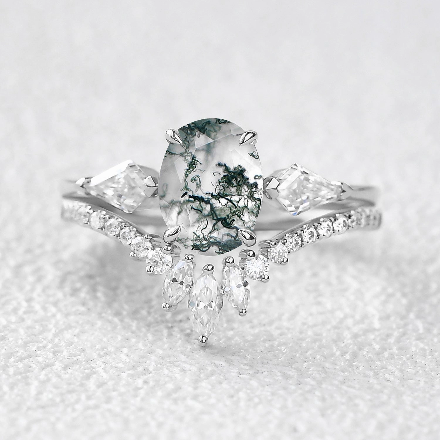 Daring Look 1.5ct Oval Moss Agate Kite Three Stones Engagement Ring Set 2pcs