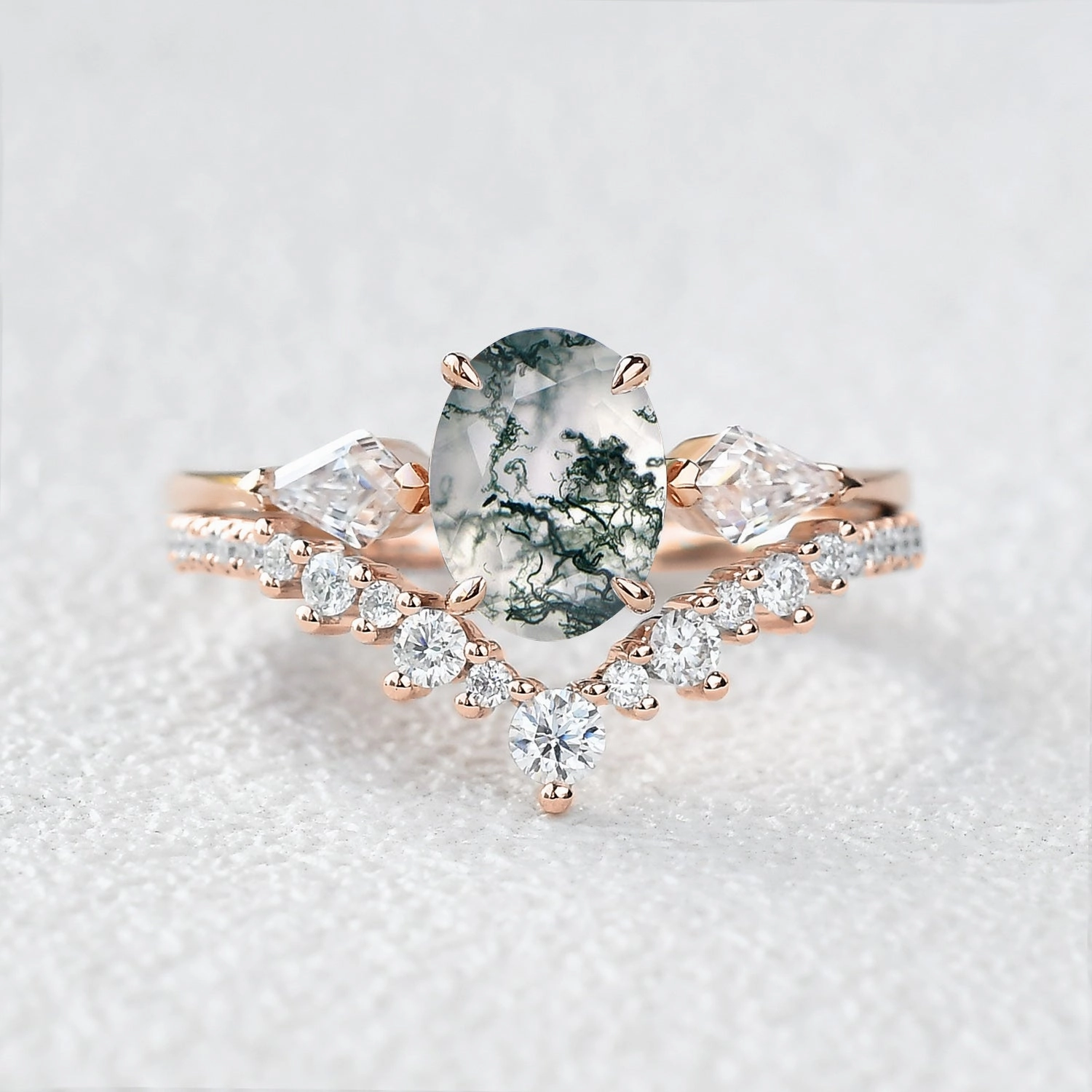 Chic Shine 1.5ct Oval Moss Agate Three Stones Engagement Ring Set 2pcs