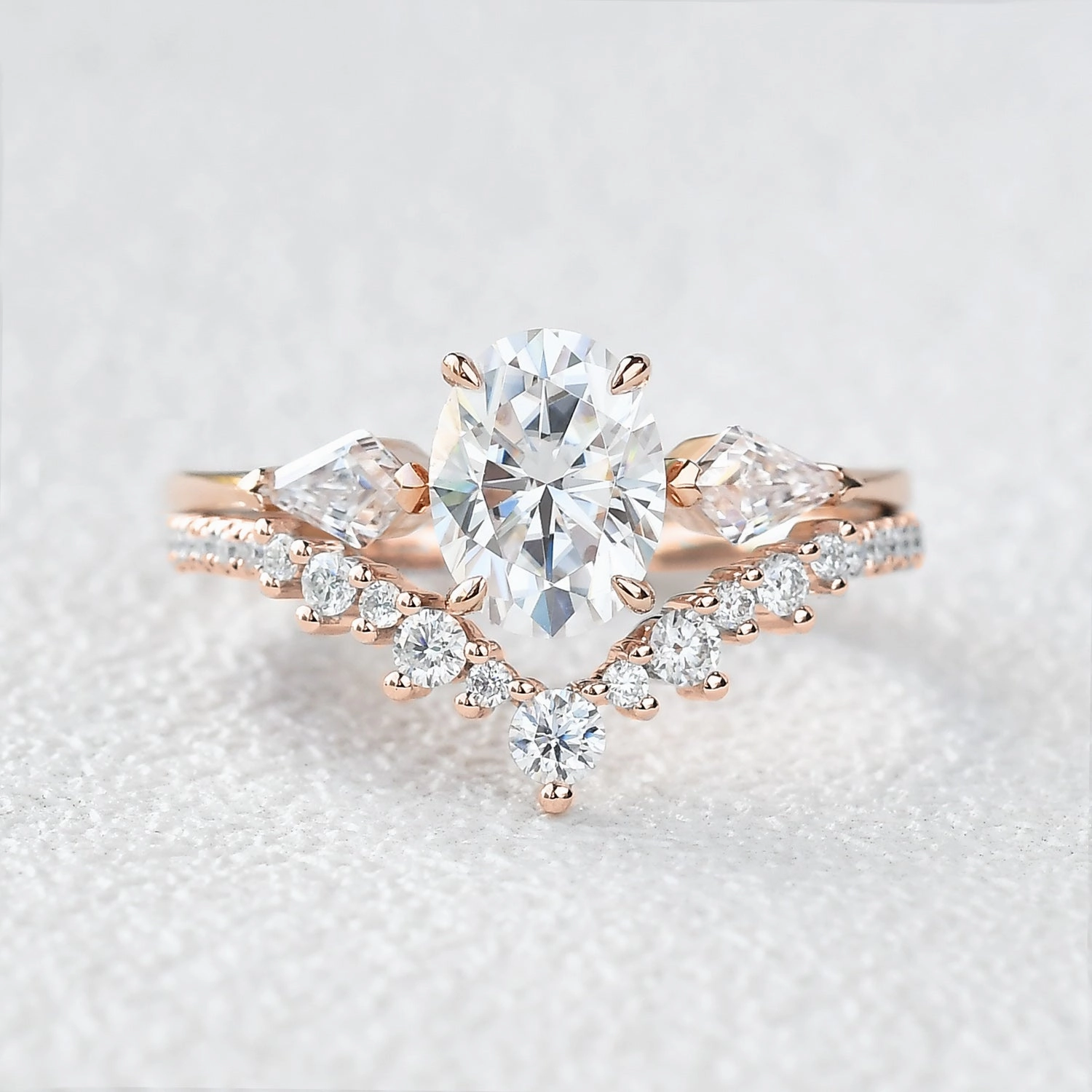 Distinct Feature 1.5ct Oval Moss Agate Three Stones Engagement Ring Set 2pcs