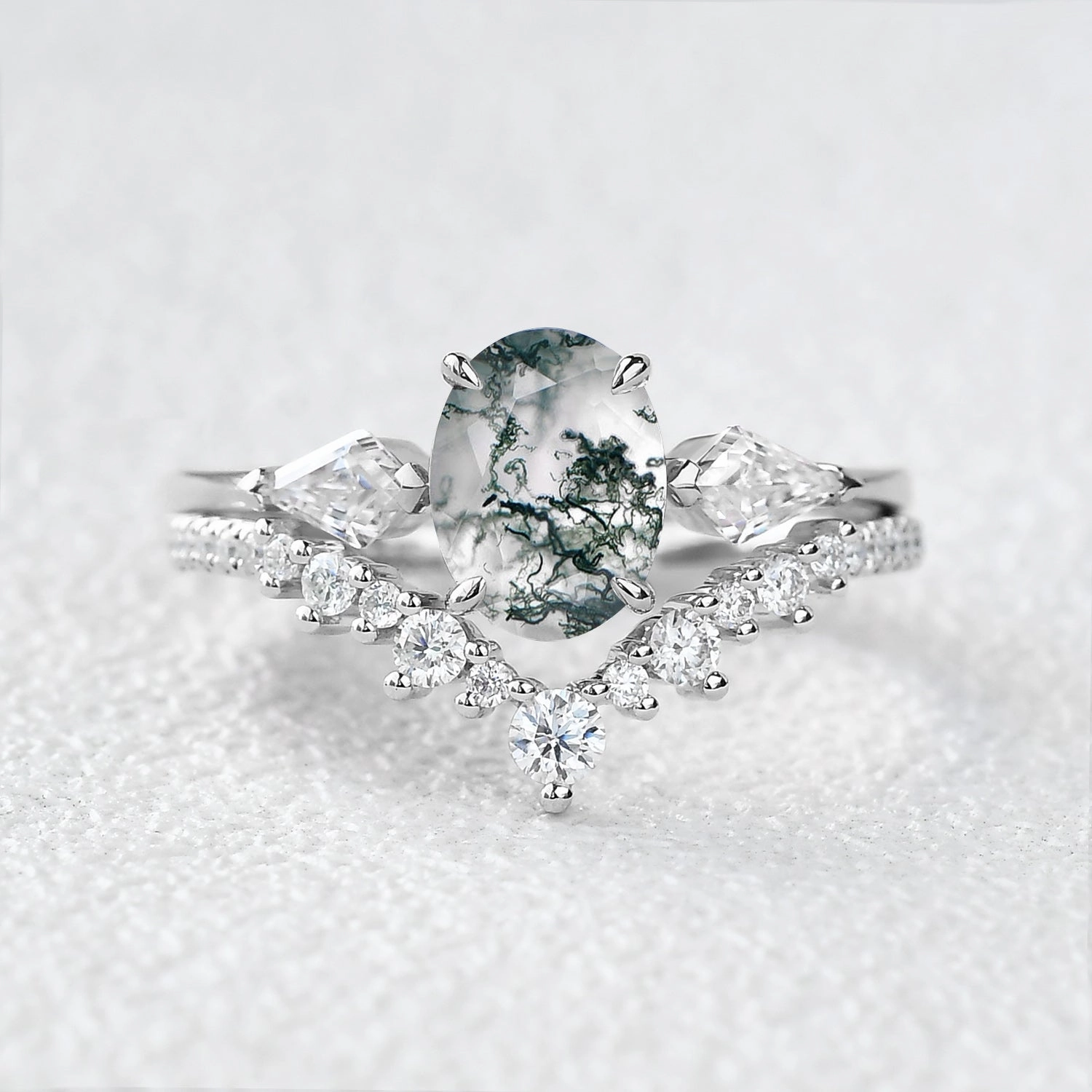 Dazzling Glow Enduring Shine 1.5ct Oval Moss Agate Three Stones Engagement Ring Set 2pcs