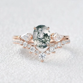 Chic Shine 1.5ct Oval Moss Agate Three Stones Engagement Ring Set 2pcs
