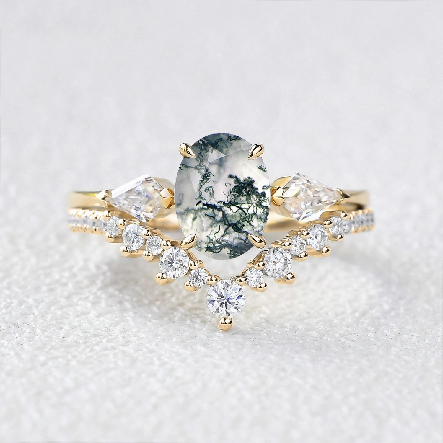 Gleaming Sparkle Gala Ready 1.5ct Oval Moss Agate Three Stones Engagement Ring Set 2pcs