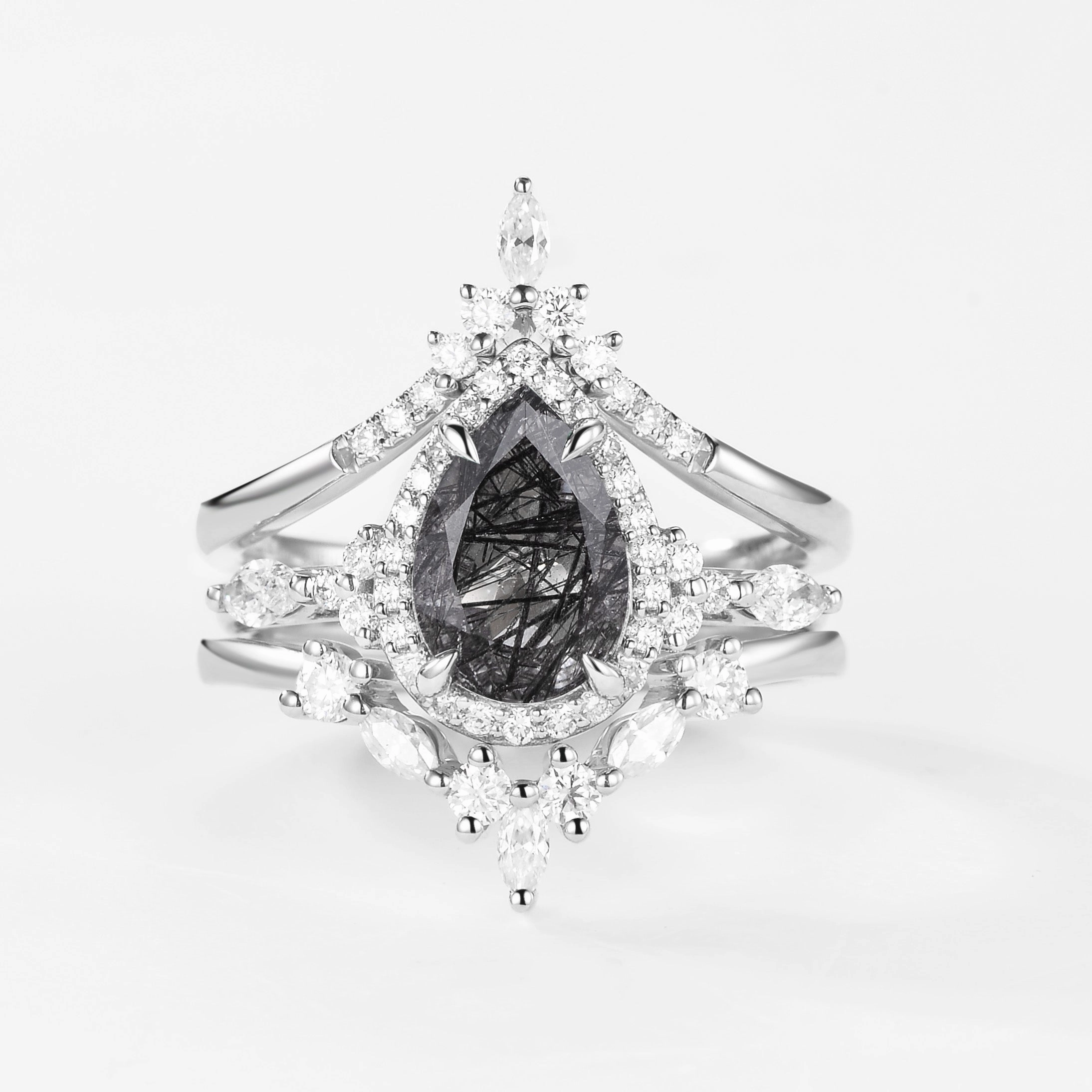 1.5ct Pear Cut Black Rutilated Quartz Gold Ring Set 3pcs - Louisa Chic Line