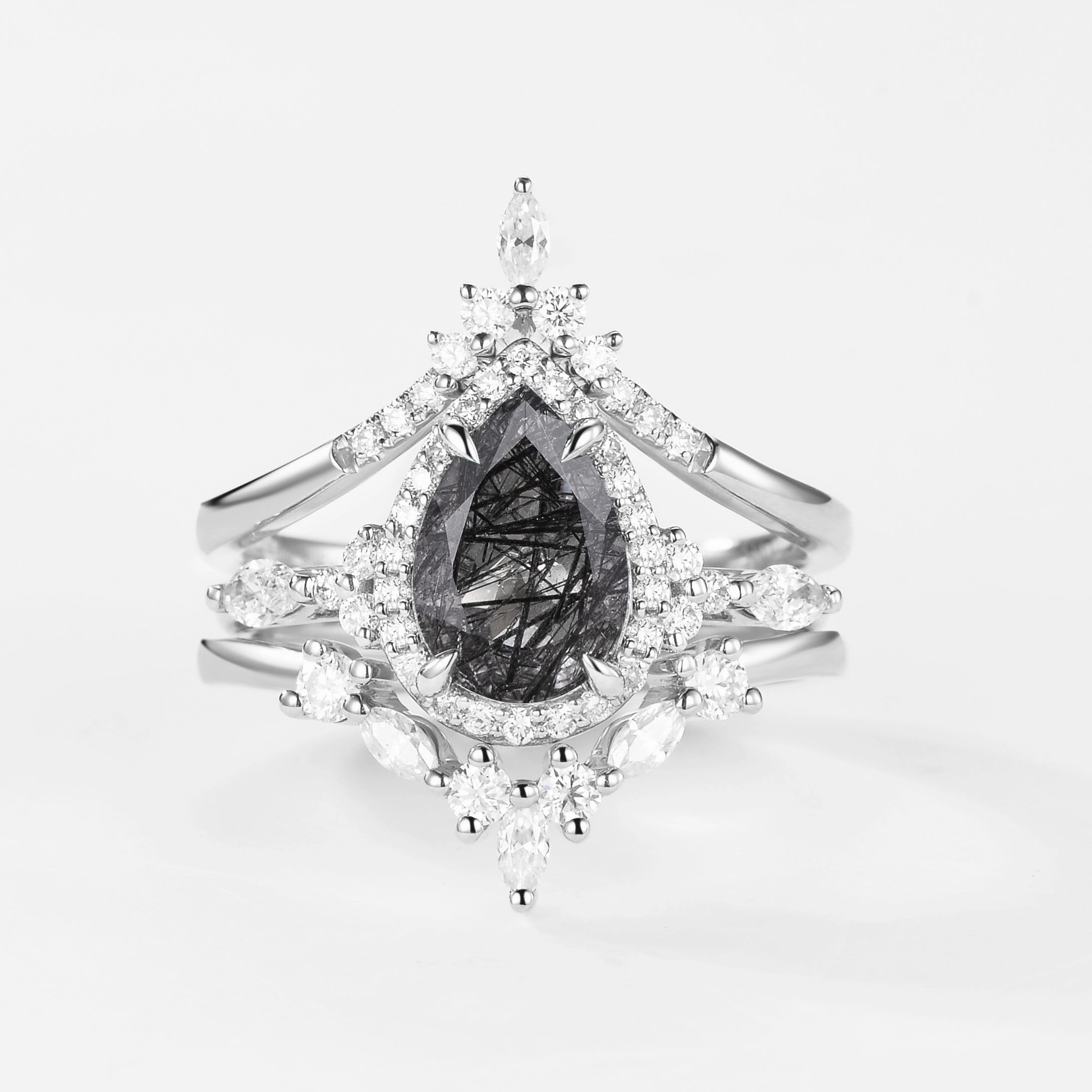 Exclusive Accent Charming Jewelry Pieces 1.5ct Pear Cut Black Rutilated Quartz Gold Ring Set 3pcs - Louisa