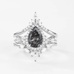 Exclusive Accent Charming Jewelry Pieces 1.5ct Pear Cut Black Rutilated Quartz Gold Ring Set 3pcs - Louisa