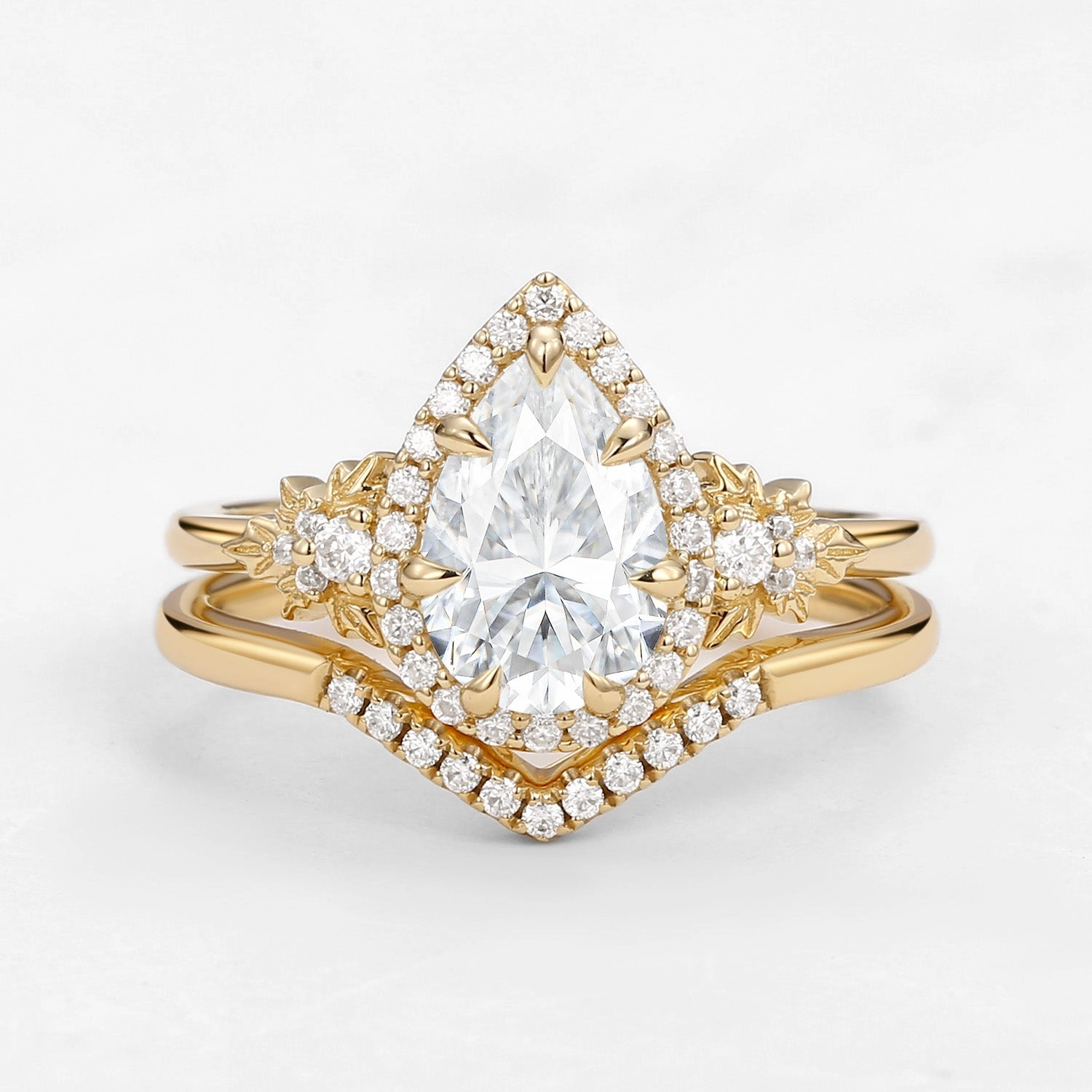 Formal touch 1.5ct Pear Moissanite Maple Leafy Halo Infinity Ring Set 2pcs - Tara