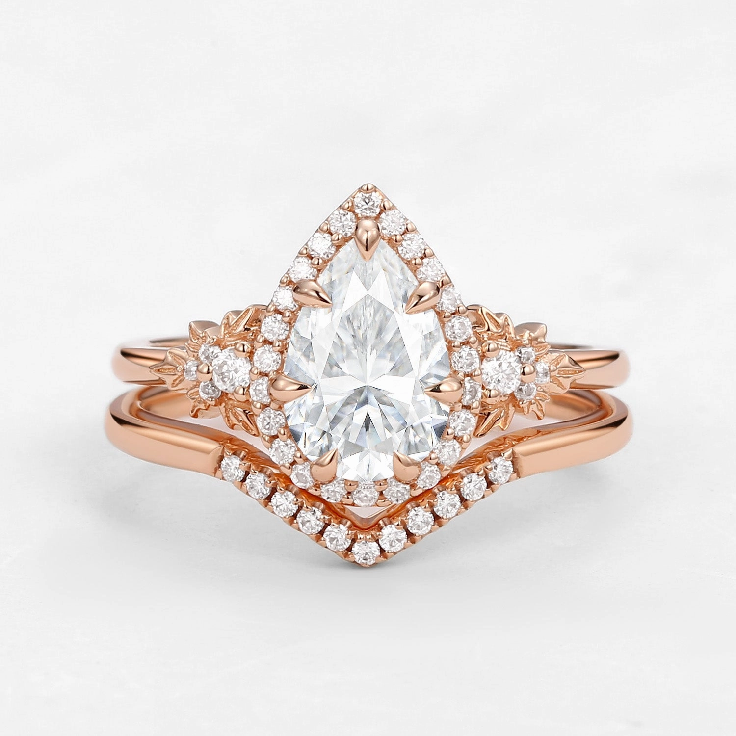 Mixed Metals 1.5ct Pear Moissanite Maple Leafy Halo Infinity Ring Set 2pcs - Tara