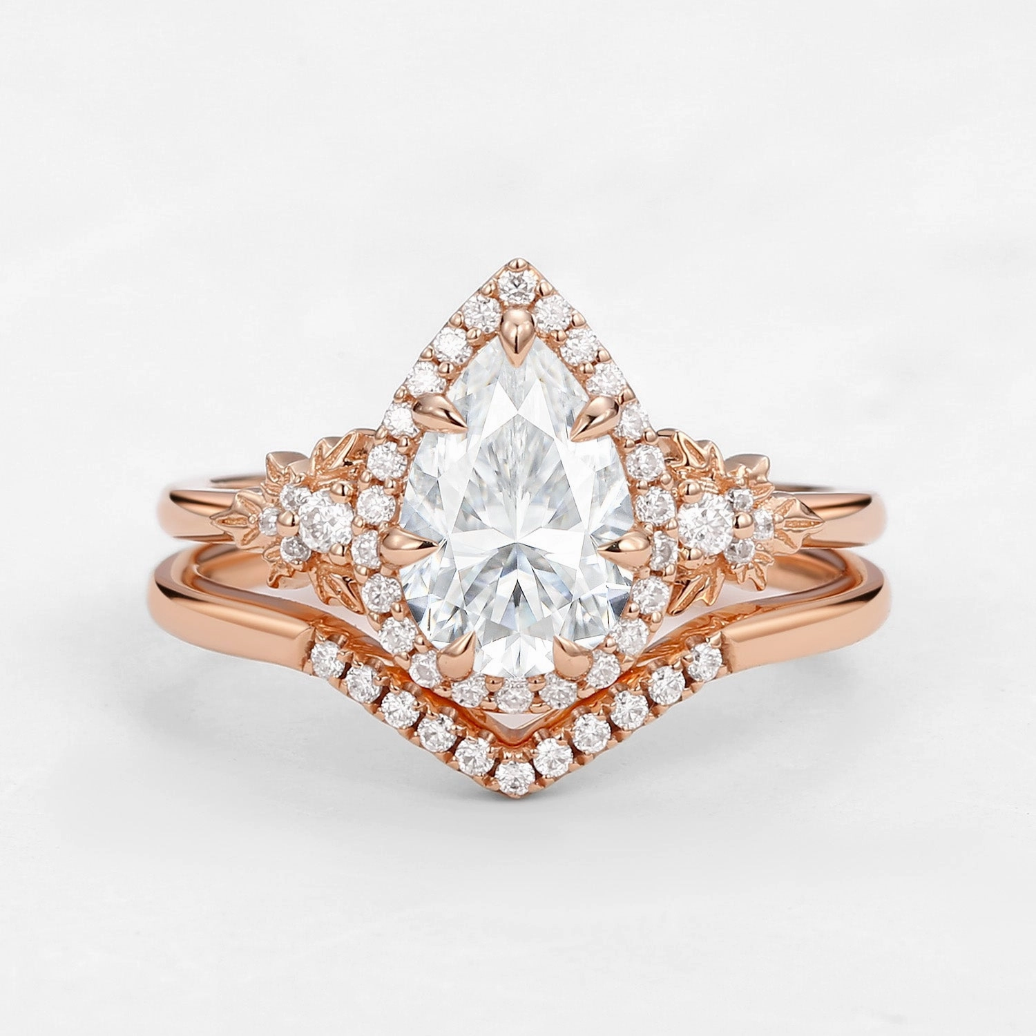 1.5ct Pear Moissanite Maple Leafy Halo Infinity Ring Set 2pcs - Tara Shiny Pop Gleaming Accent