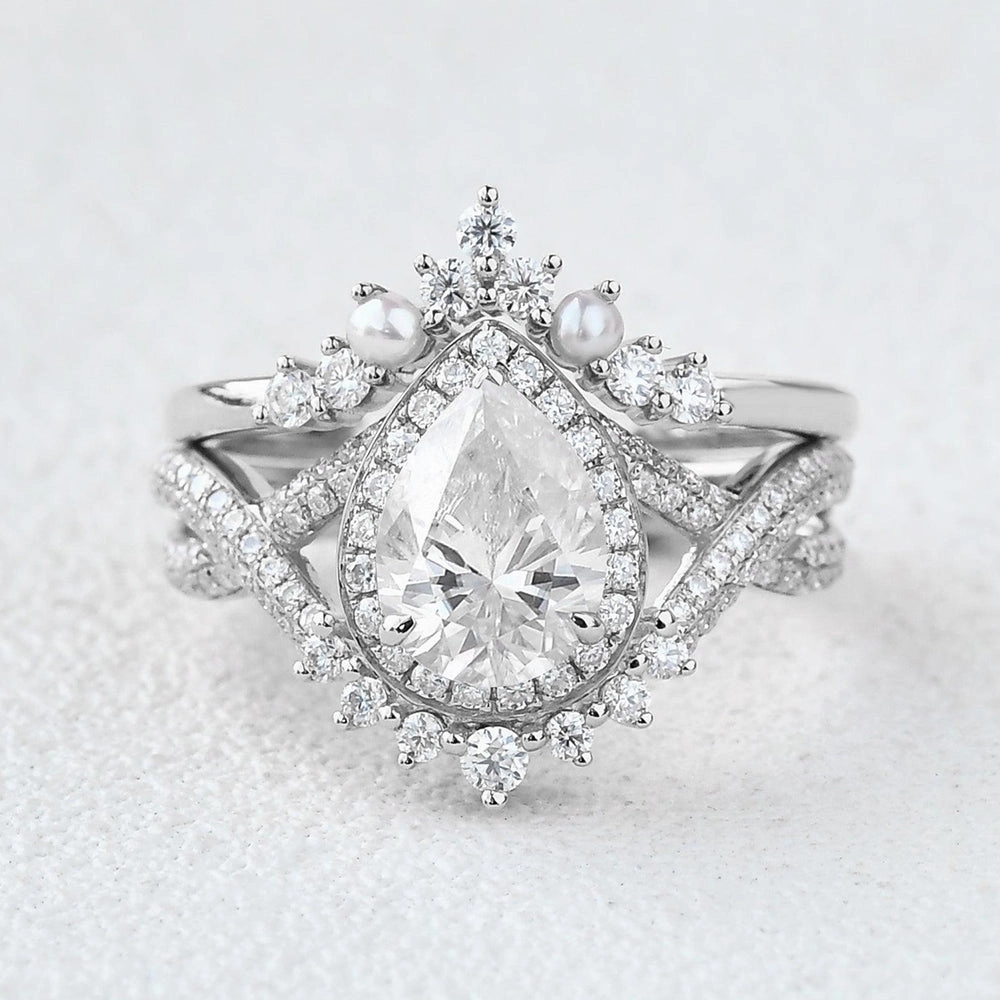 1.5ct Pear Moissanite Vintage Halo Infinity Ring Set 2pcs - Katherine Delicate Features