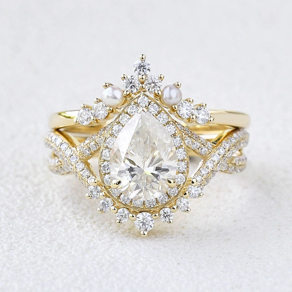 Timeless Shine Jewelry Refined Gift 1.5ct Pear Moissanite Vintage Halo Infinity Ring Set 2pcs - Katherine