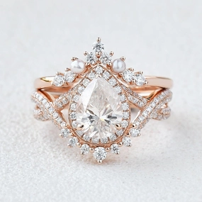 1.5ct Pear Moissanite Vintage Halo Infinity Ring Set 2pcs - Katherine Gorgeous Finish Relaxed Look