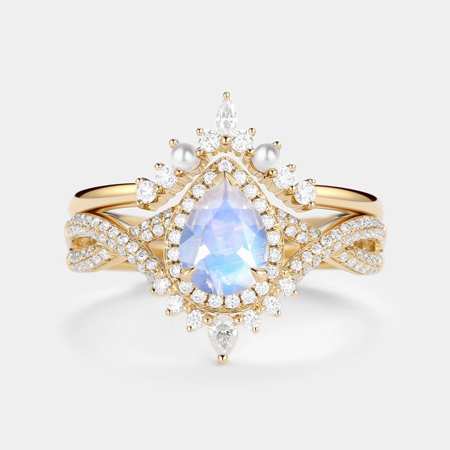 1.5ct Pear Moonstone & Pearl Halo Infinity Ring Set 2pcs Breezy Look