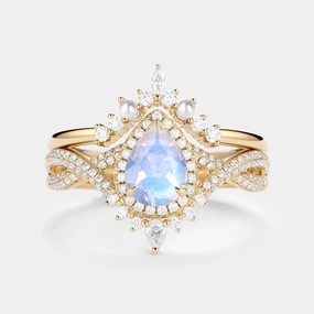 Trendy Texture 1.5ct Pear Moonstone & Pearl Halo Infinity Ring Set 2pcs