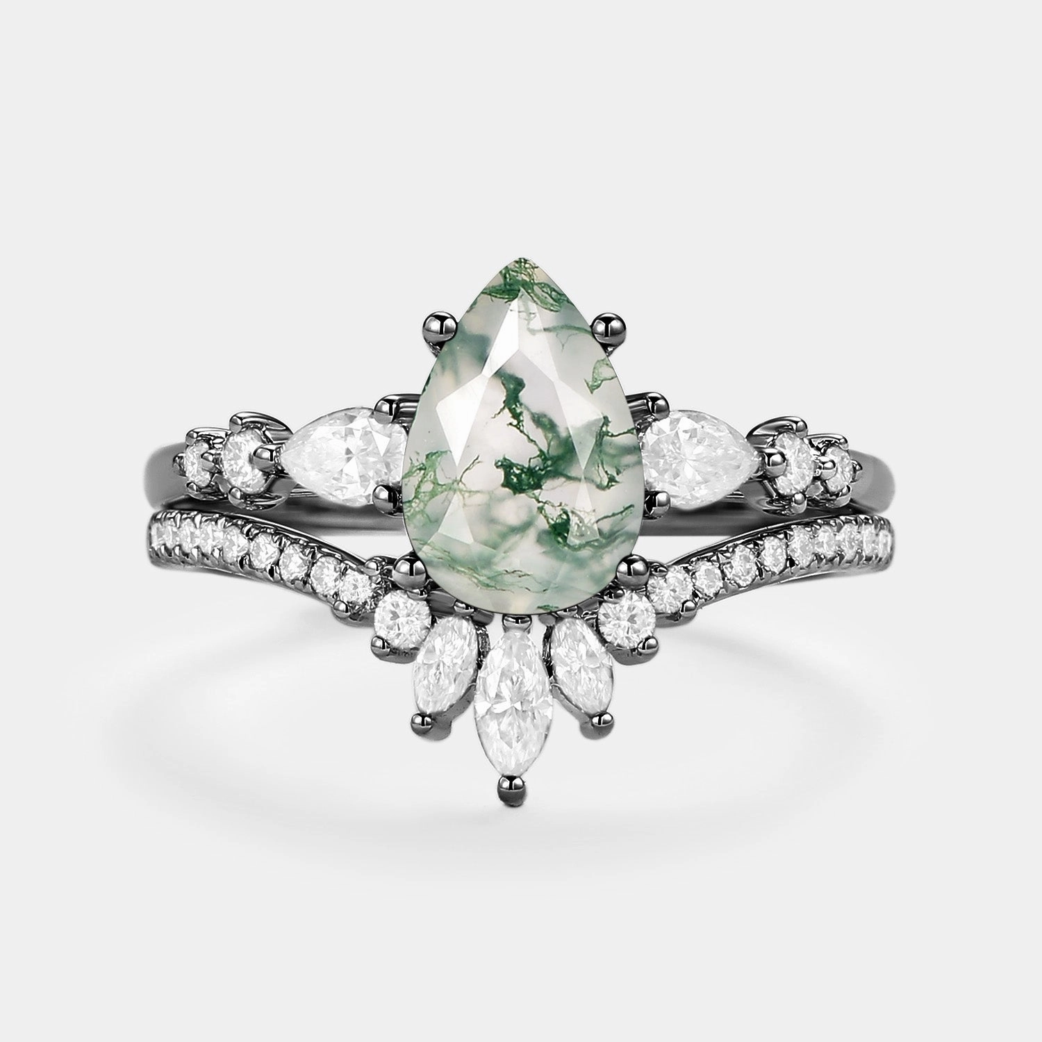 1.5ct Signature Pear Moss Agate Staccato Ring Set 2pcs - Scottie Creative Edge