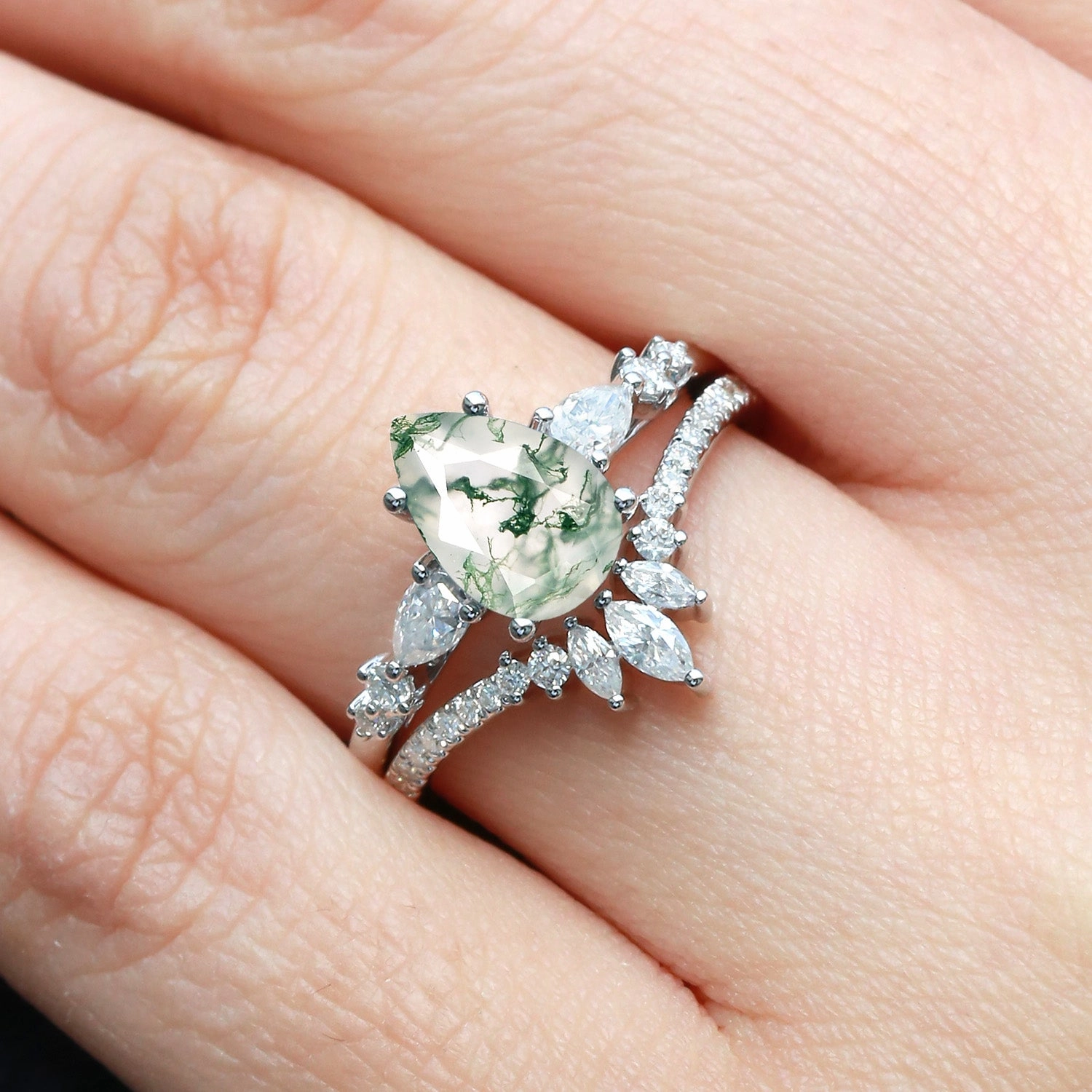 1.5ct Signature Pear Moss Agate Staccato Ring Set 2pcs - Scottie Fresh Light