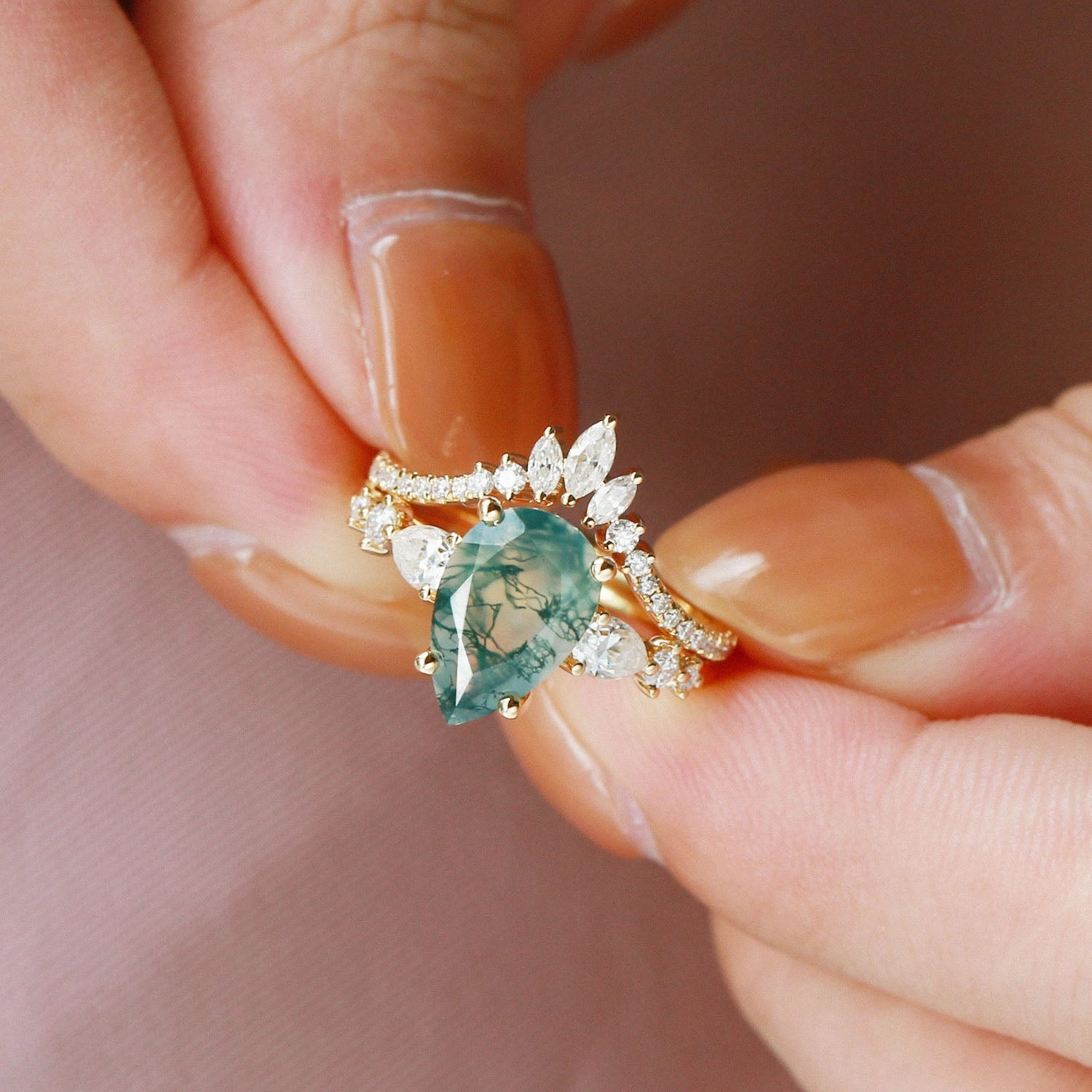 1.5ct Signature Pear Moss Agate Staccato Ring Set 2pcs - Scottie Distinctive Style Perfect Sparkle