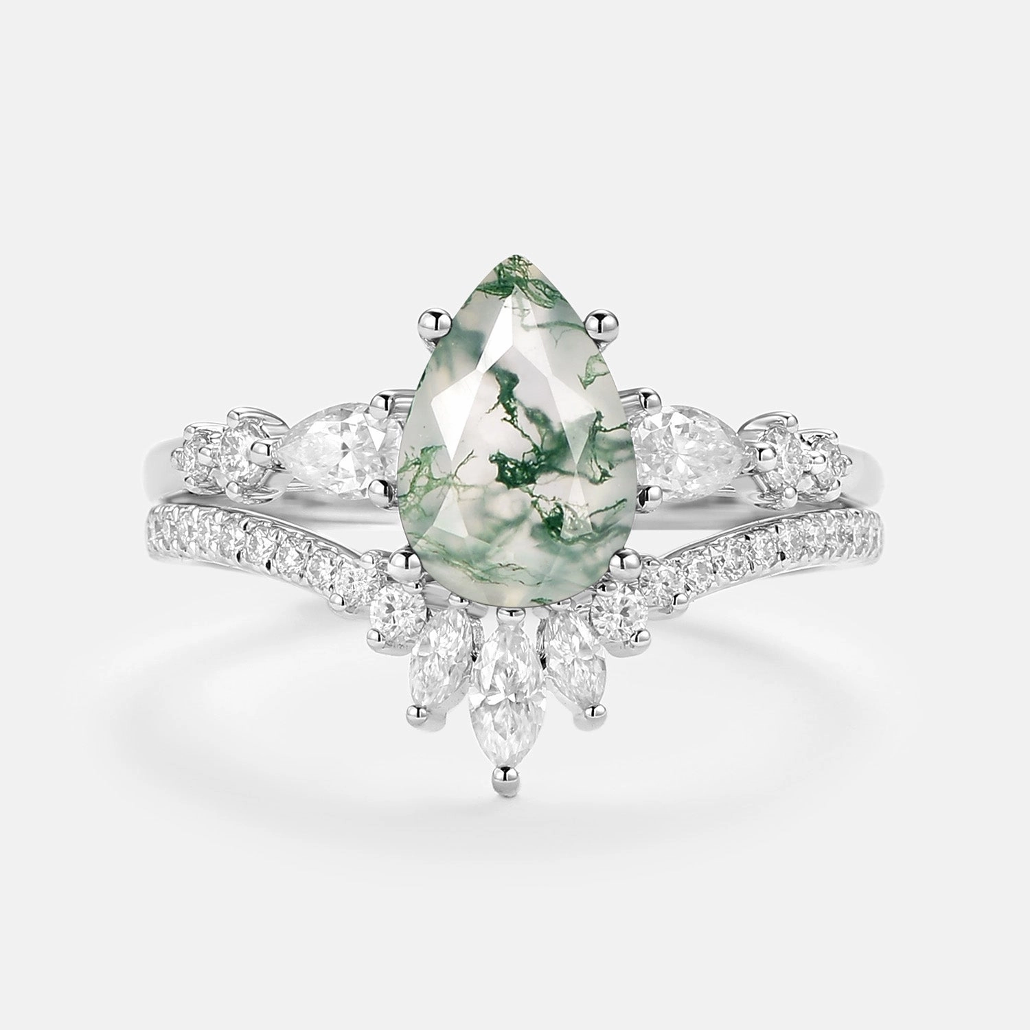 1.5ct Signature Pear Moss Agate Staccato Ring Set 2pcs - Scottie Contemporary Layer Bold Touch