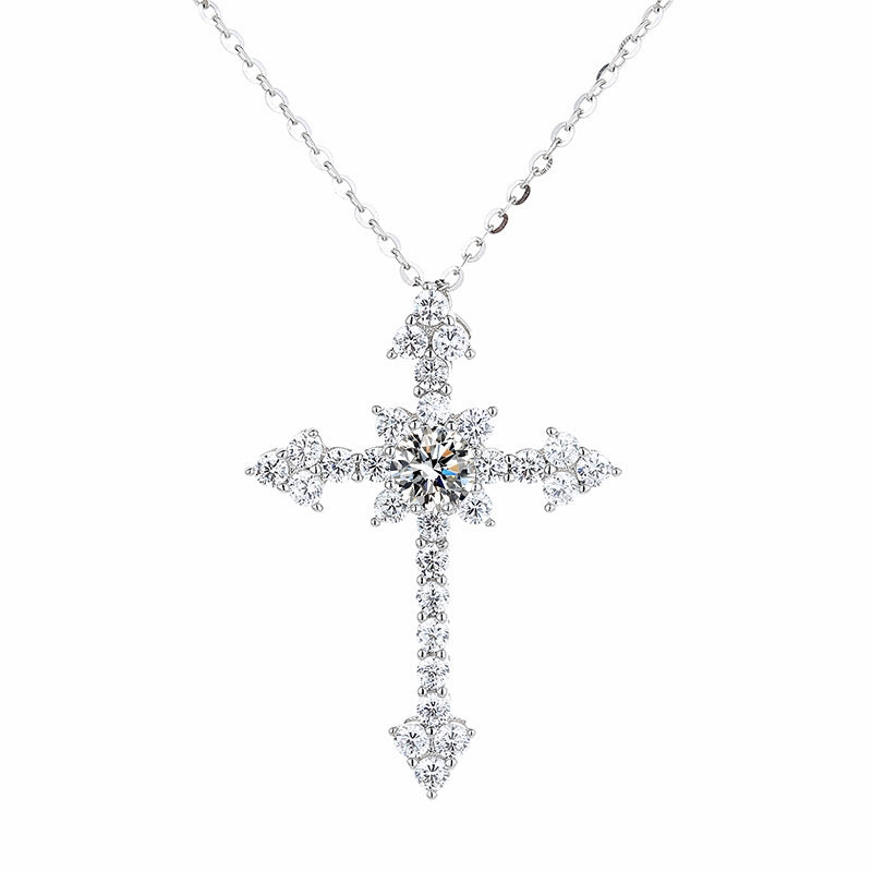 Excellent Present Inclusive Jewelry 1 Carat Cross Pendant Moissanite Necklace in 925 Sterling Silver
