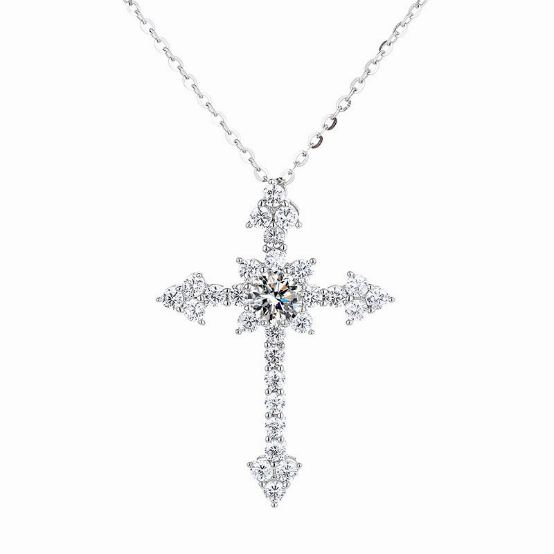 Highlight Edge 1 Carat Cross Pendant Moissanite Necklace in 925 Sterling Silver