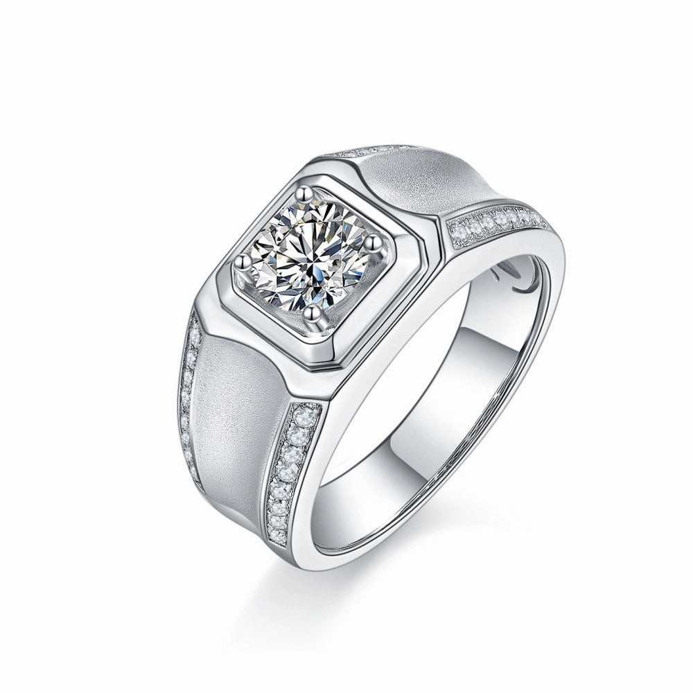 Stylish Highlight Holiday Ready 1 Carat Moissanite Mens Engagement Ring Band in Sterling Silver