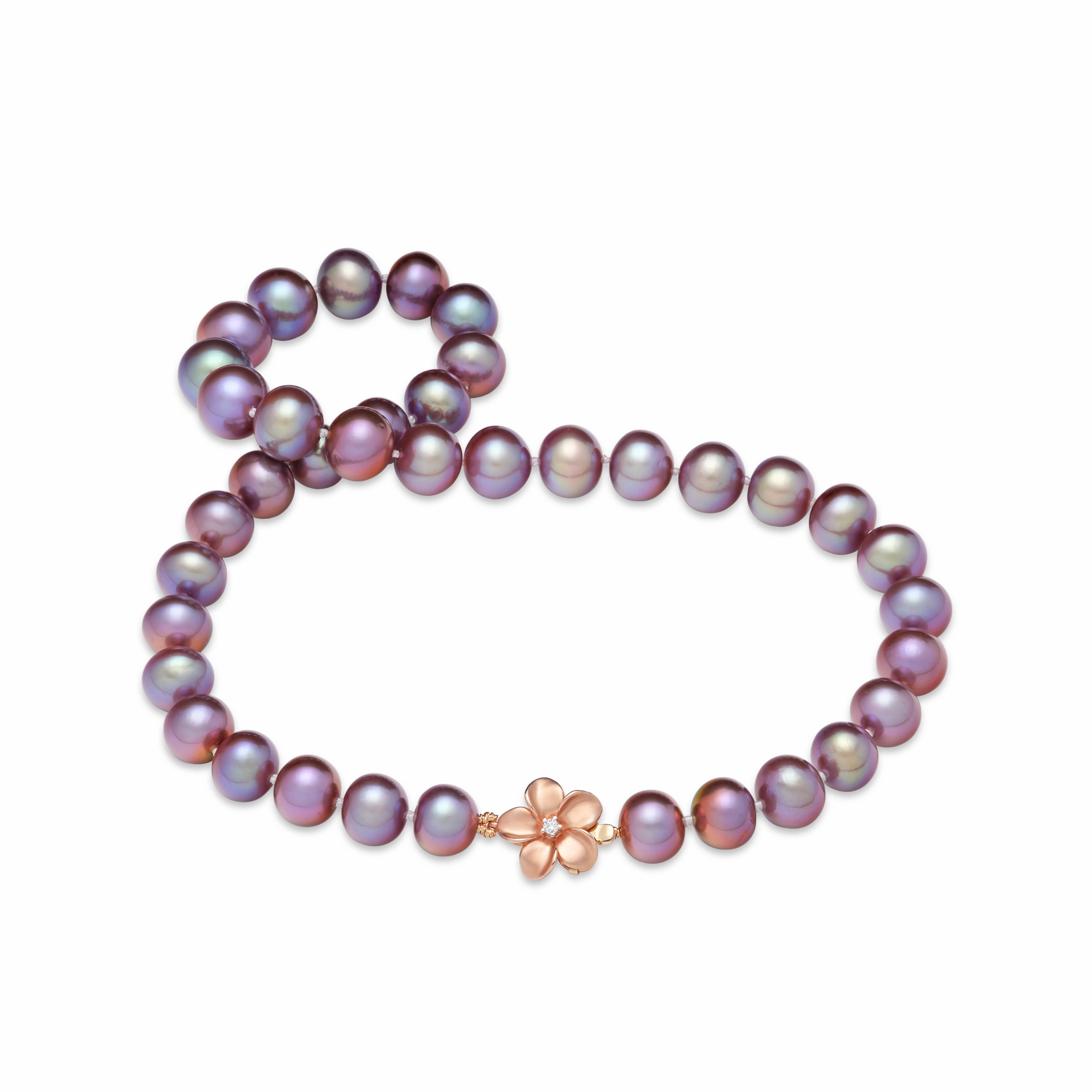 Elite Shape 20" Freshwater Pearl Strand with Diamond Plumeria Clasp in Rose Gold - 9-13mm
