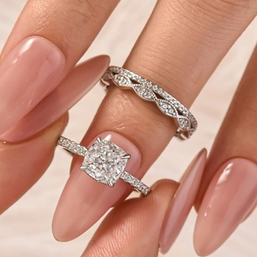 2.0 Carat Cushion Cut Women's Engagement Ring With Eternity Wedding Band Simple Form Elegant Pair