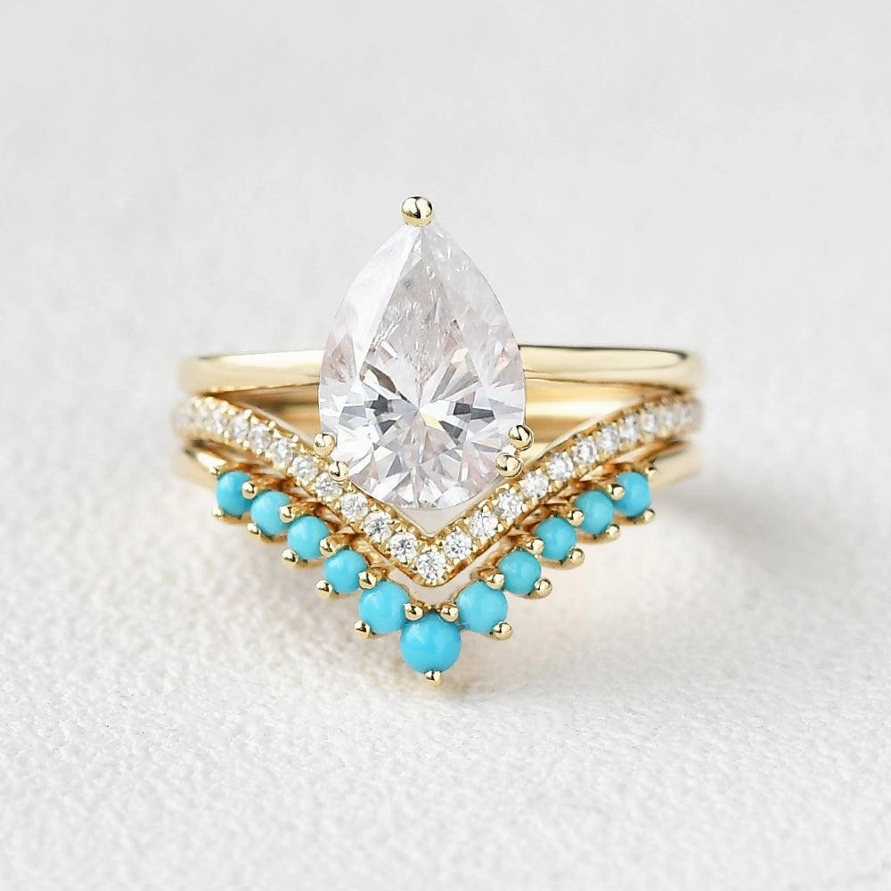 2.0ct Art-Deco Pear Shaped Moissanite & Turquoise Ring Set 3pcs Star Detail Seasonal Pairing