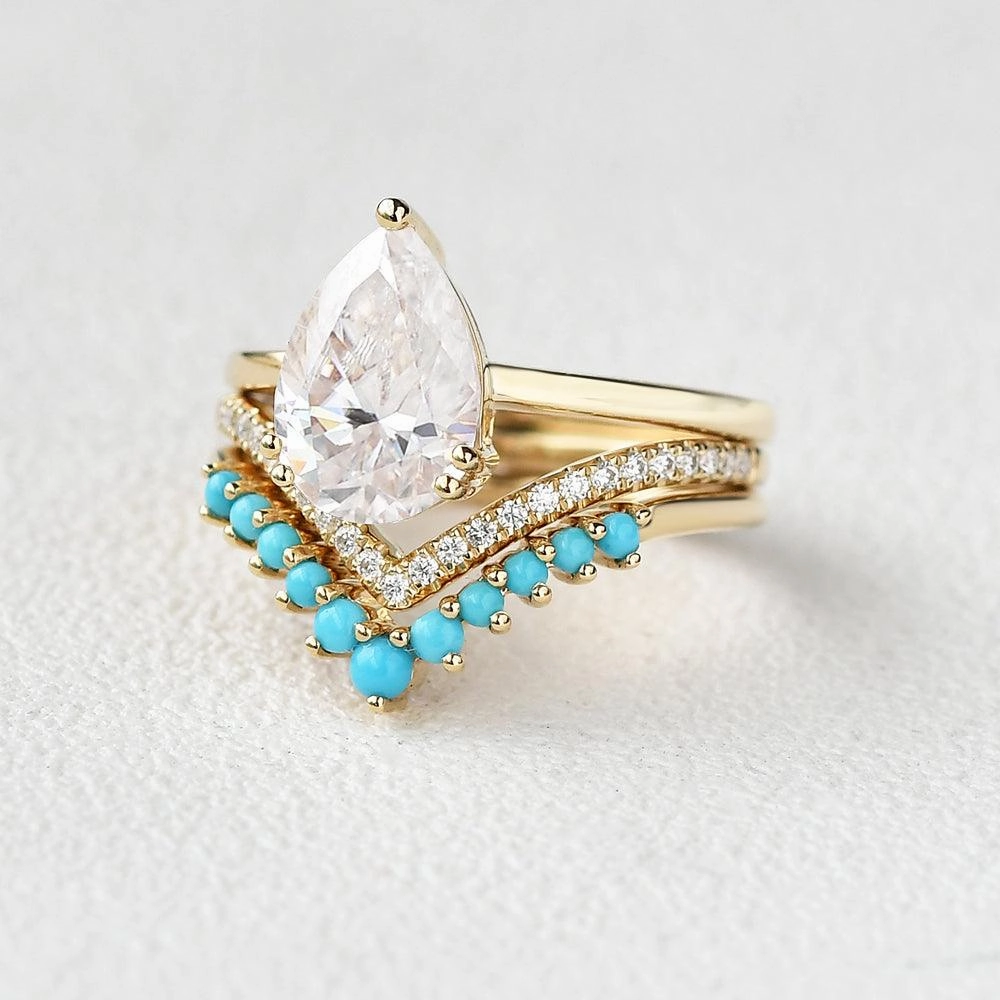 Elegant Focus Timeless Feature 2.0ct Art-Deco Pear Shaped Moissanite & Turquoise Ring Set 3pcs