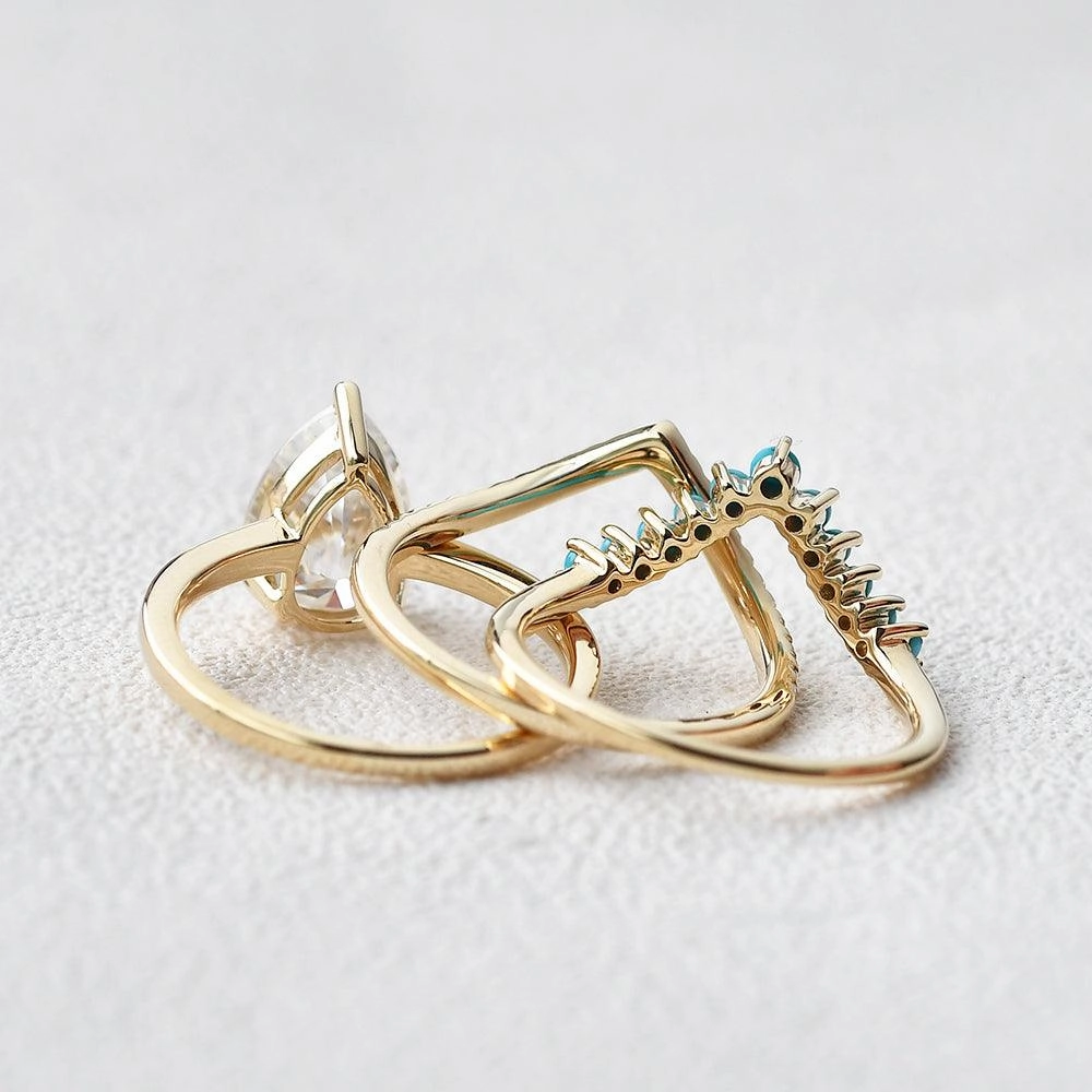2.0ct Art-Deco Pear Shaped Moissanite & Turquoise Ring Set 3pcs Shiny Jewelry Touch Fashion Spark
