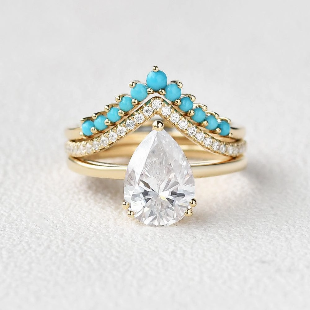 2.0ct Art-Deco Pear Shaped Moissanite & Turquoise Ring Set 3pcs Timeless Presence Edgy Detail
