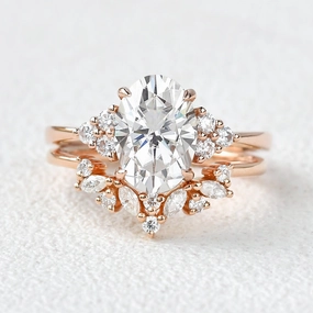 Luxury Gift 2.0ct Oval Cut Moissanite Floral Cluster Gold Ring Set 2pcs