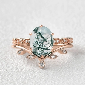 2.0ct Oval Cut Moss Agate Rose Gold Vine Leafy Ring Set 2pcs Fresh Finish Modern Sparkle