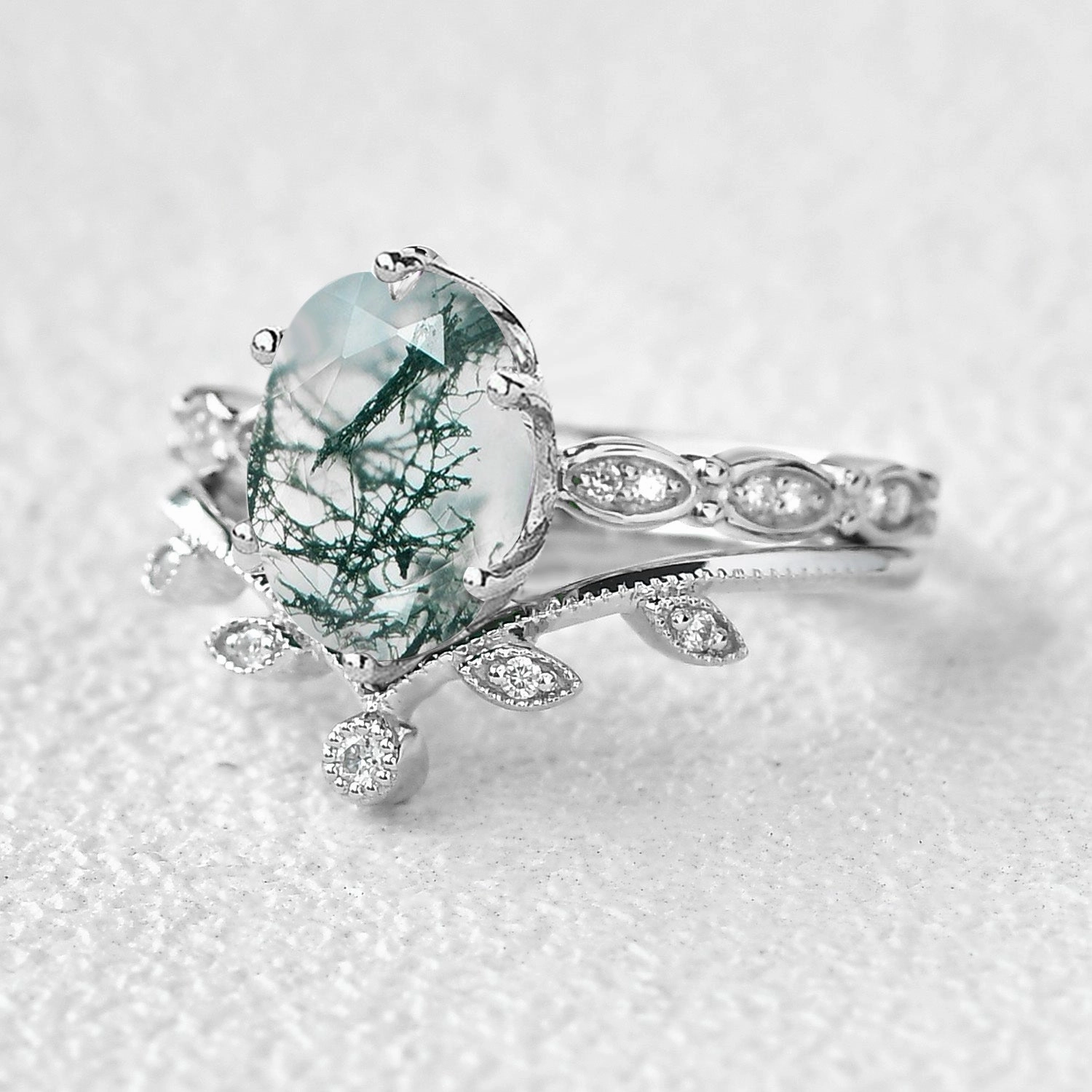 Handmade Design 2.0ct Oval Cut Moss Agate Rose Gold Vine Leafy Ring Set 2pcs