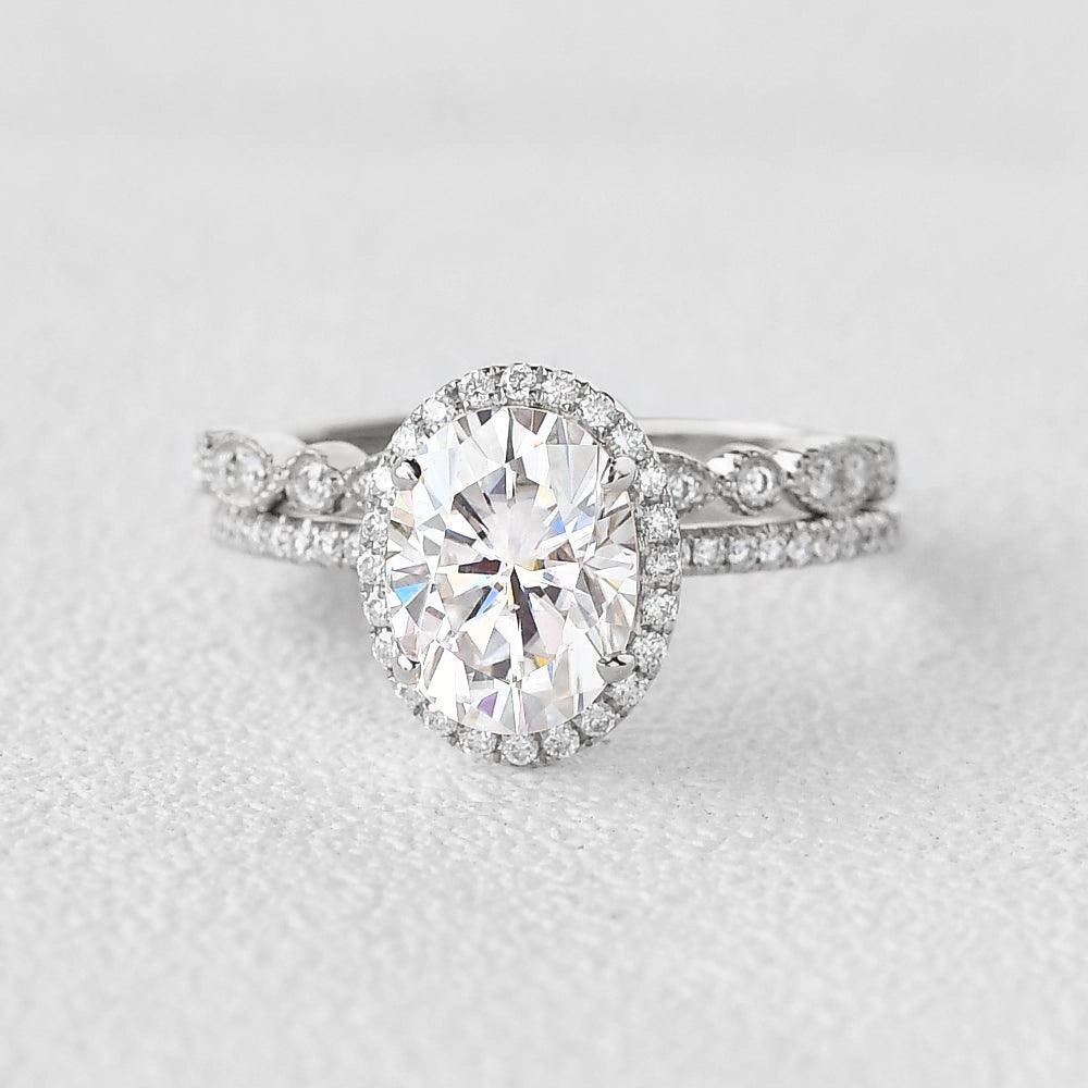 Subtle Look 2.0ct Oval Moissanite Pave Vintage Halo Ring Set 2pcs - Olivia