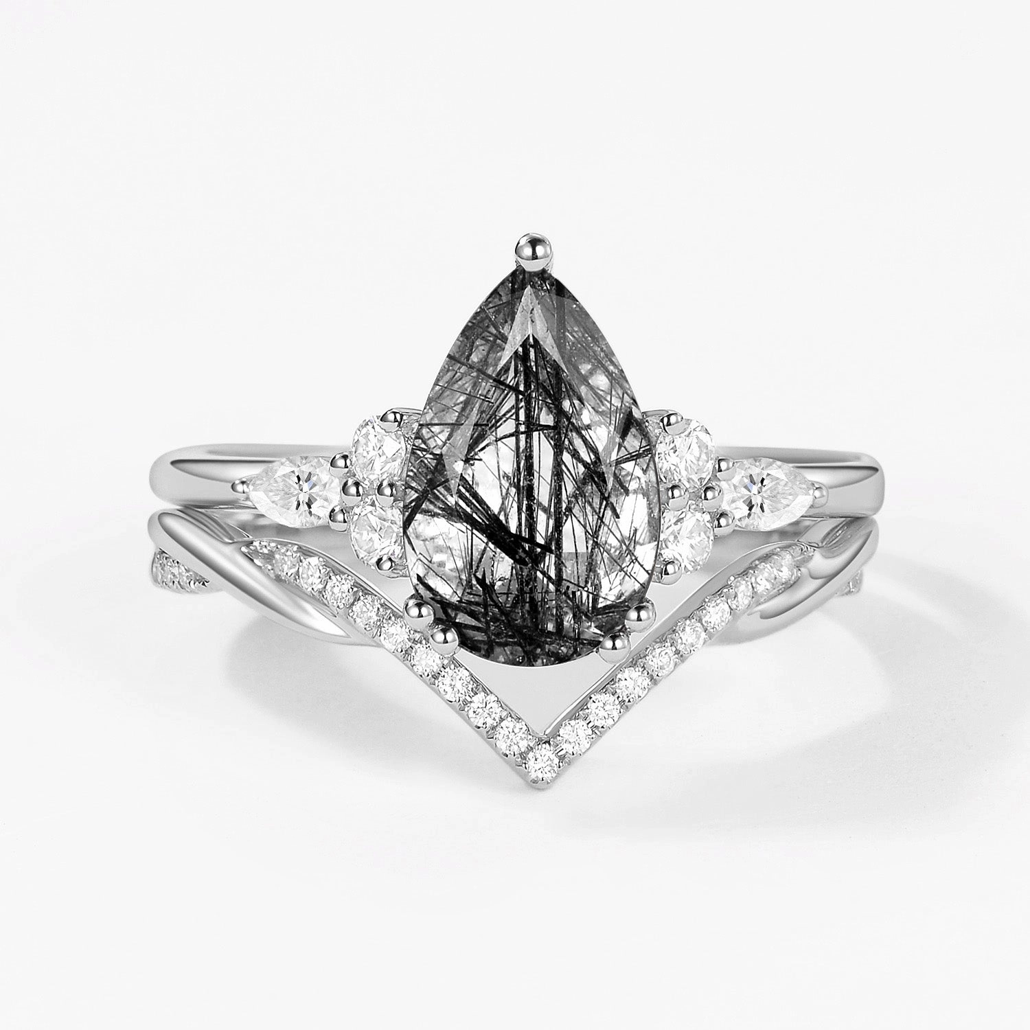 2.0CT Pear Shaped Black Rutilated Quartz Infinity Stacking Ring Set 2pcs Vibrant Appeal Modern Flow