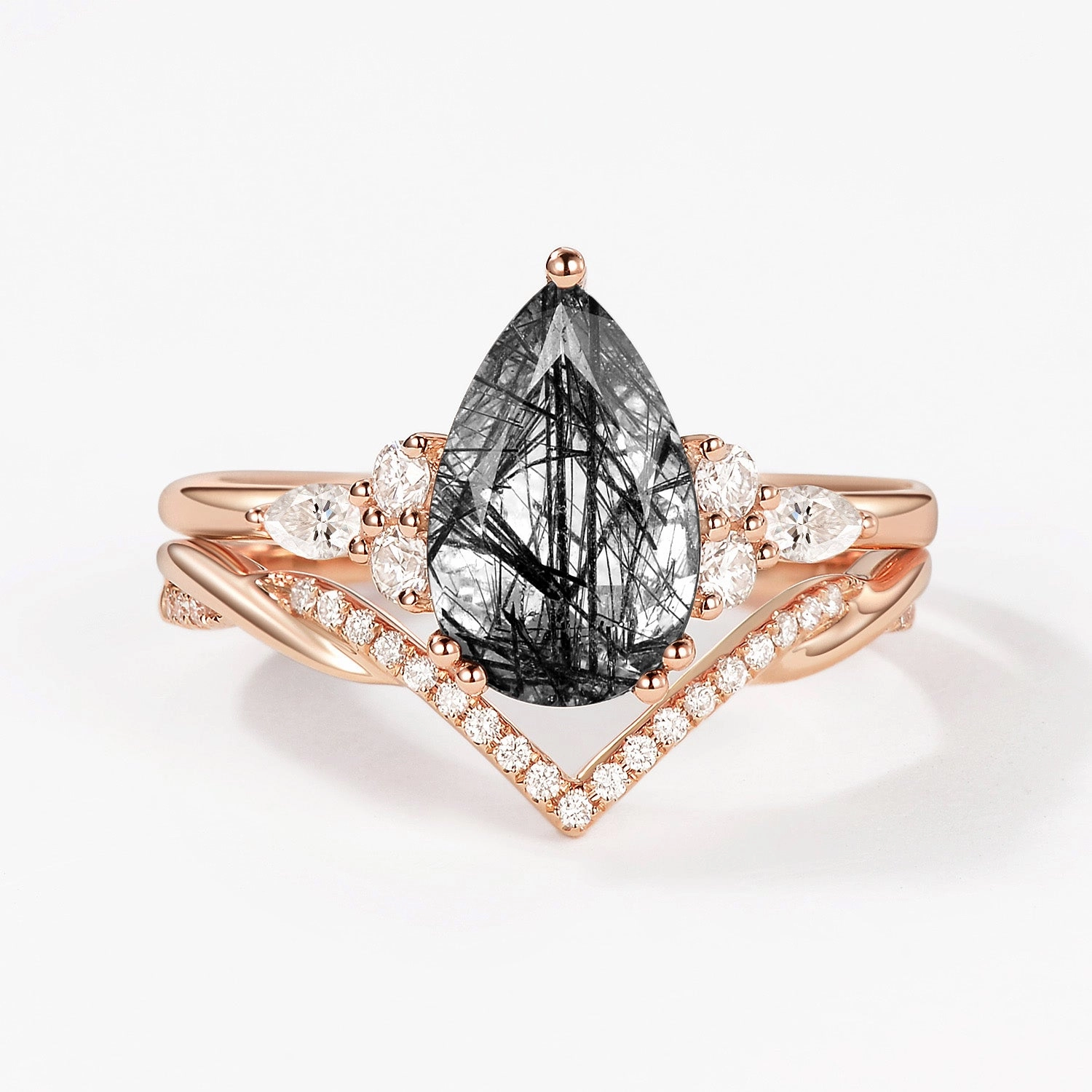 2.0CT Pear Shaped Black Rutilated Quartz Infinity Stacking Ring Set 2pcs Minimal Edge Shimmering Glow