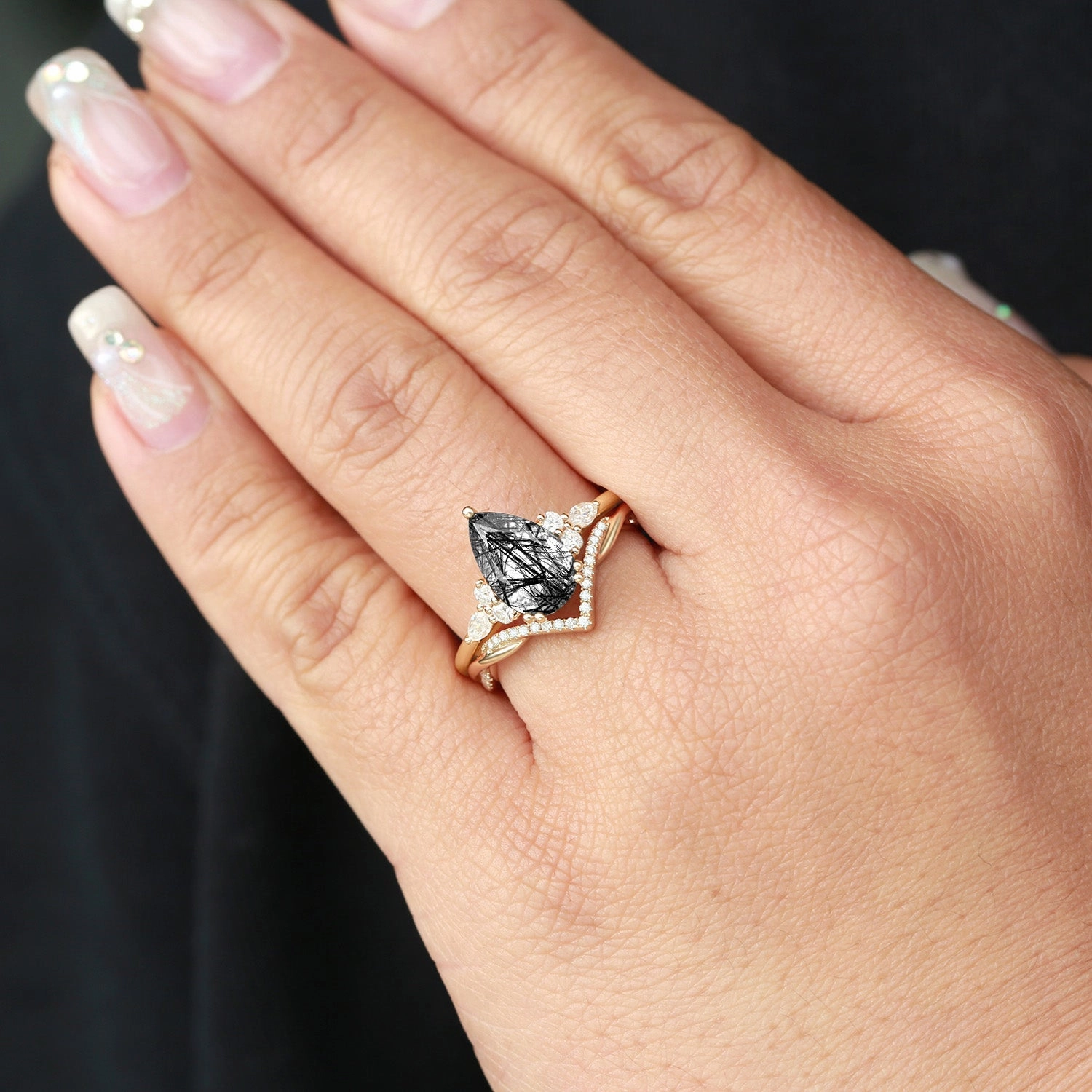 2.0CT Pear Shaped Black Rutilated Quartz Infinity Stacking Ring Set 2pcs Sophisticated Glam