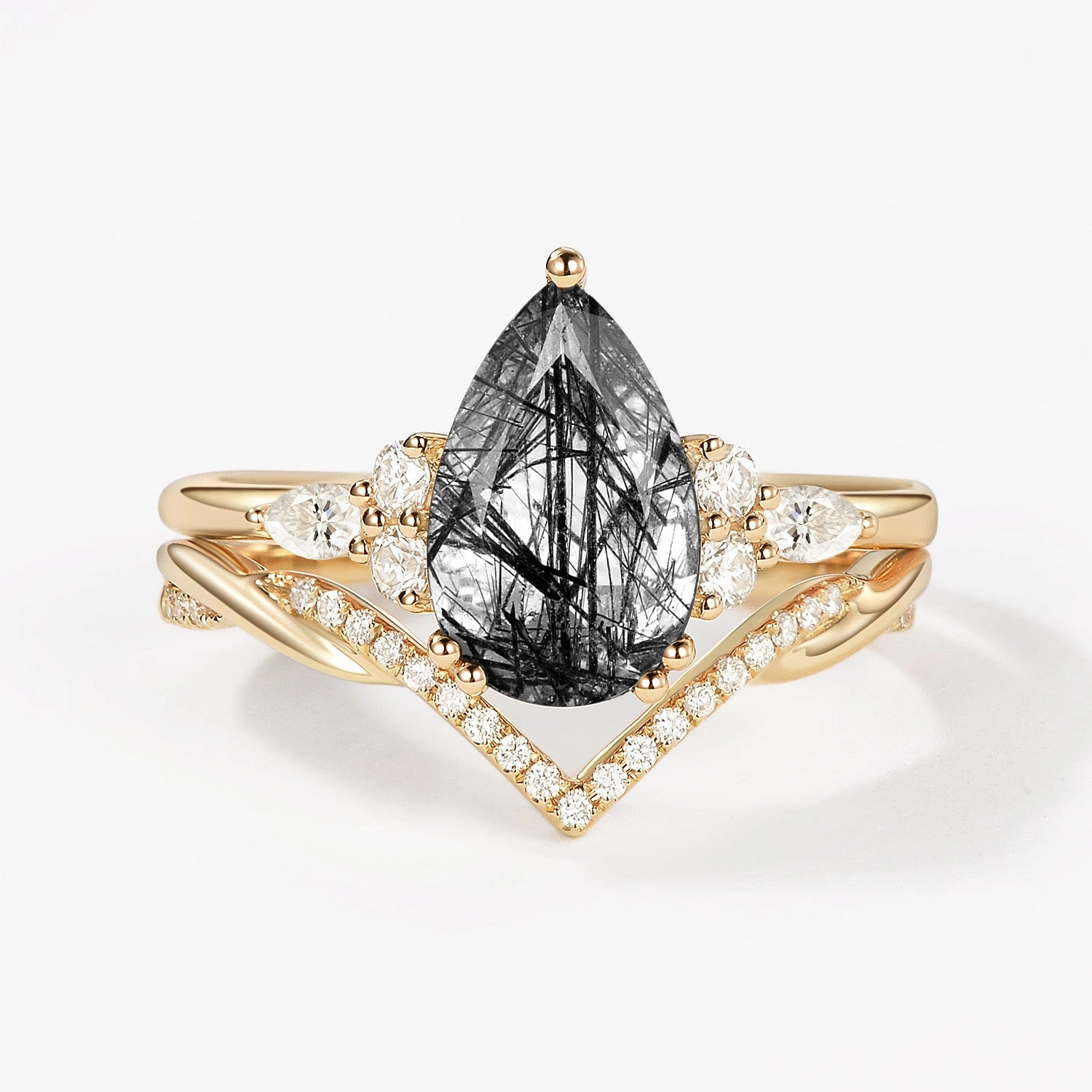 2.0CT Pear Shaped Black Rutilated Quartz Infinity Stacking Ring Set 2pcs Polished Radiance
