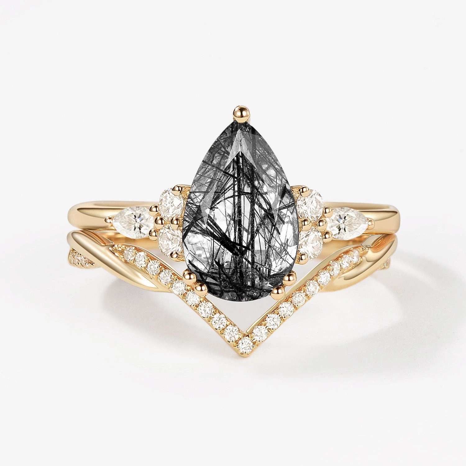 2.0CT Pear Shaped Black Rutilated Quartz Infinity Stacking Ring Set 2pcs Special Touch Urban Highlight