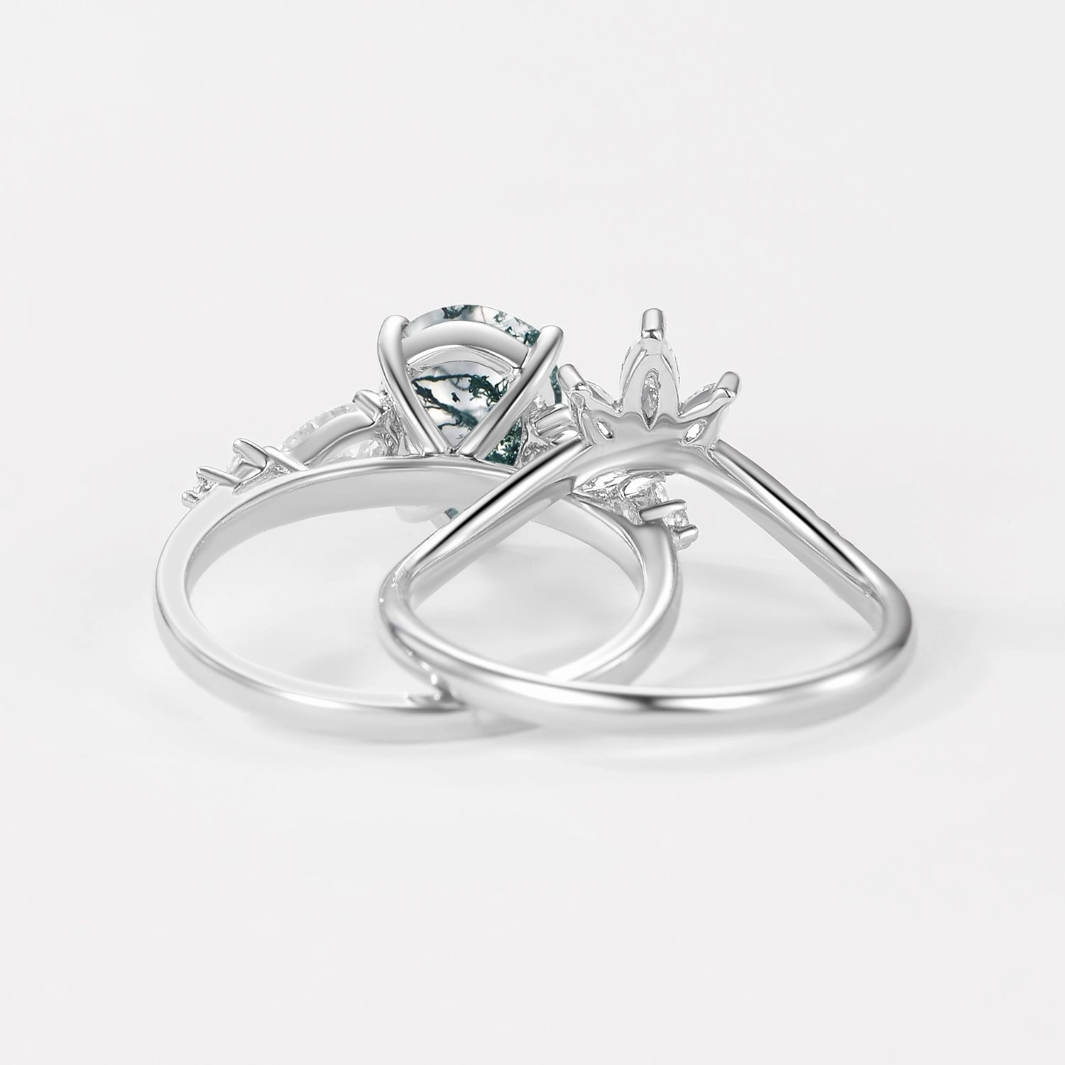 Bold Detail Shiny Style 2.0ct Pear Shaped Moss Agate Chevron Bridal Ring Set 2pcs