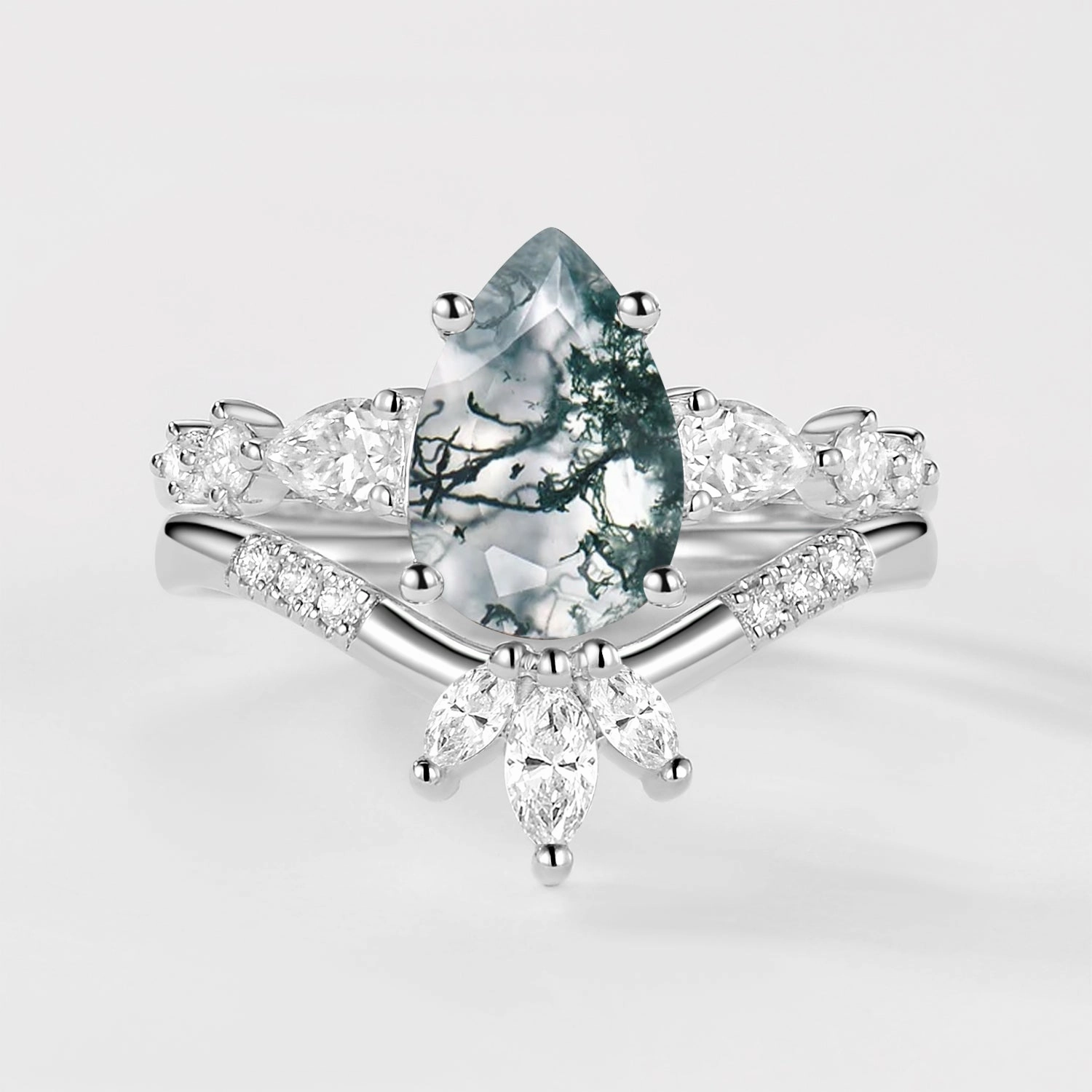 2.0ct Pear Shaped Moss Agate Chevron Bridal Ring Set 2pcs Premium Sparkle