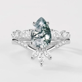 2.0ct Pear Shaped Moss Agate Chevron Bridal Ring Set 2pcs Everyday Chic Fashionable Craft