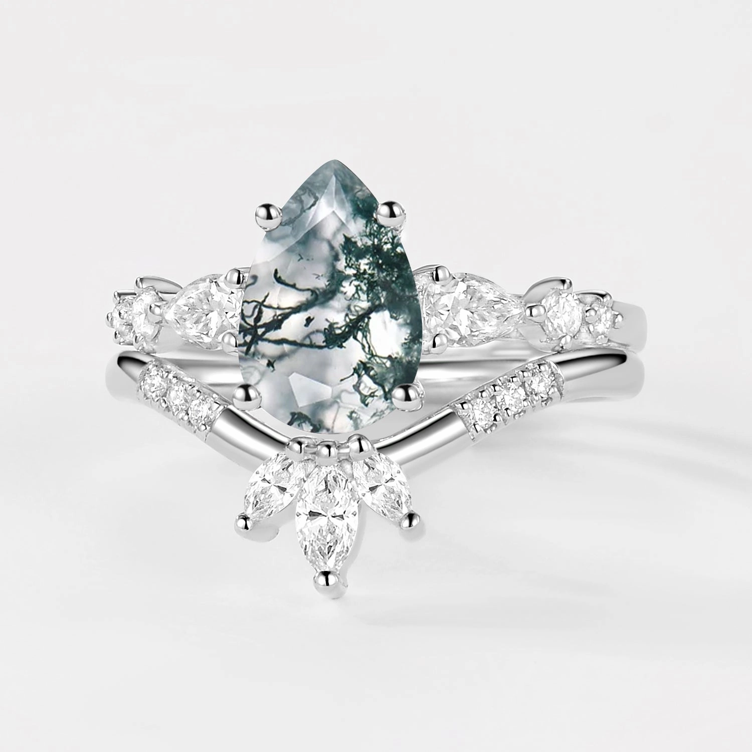 Elegant Piece Delicate Details 2.0ct Pear Shaped Moss Agate Chevron Bridal Ring Set 2pcs