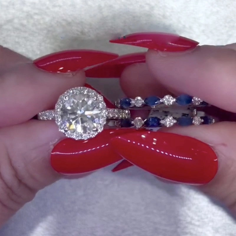 Fashionable Glow Trend Forward 2.0Ct Round Cut Insert Wedding Ring Set With Unique White & Blue Stone Engagement Ring Enhancer