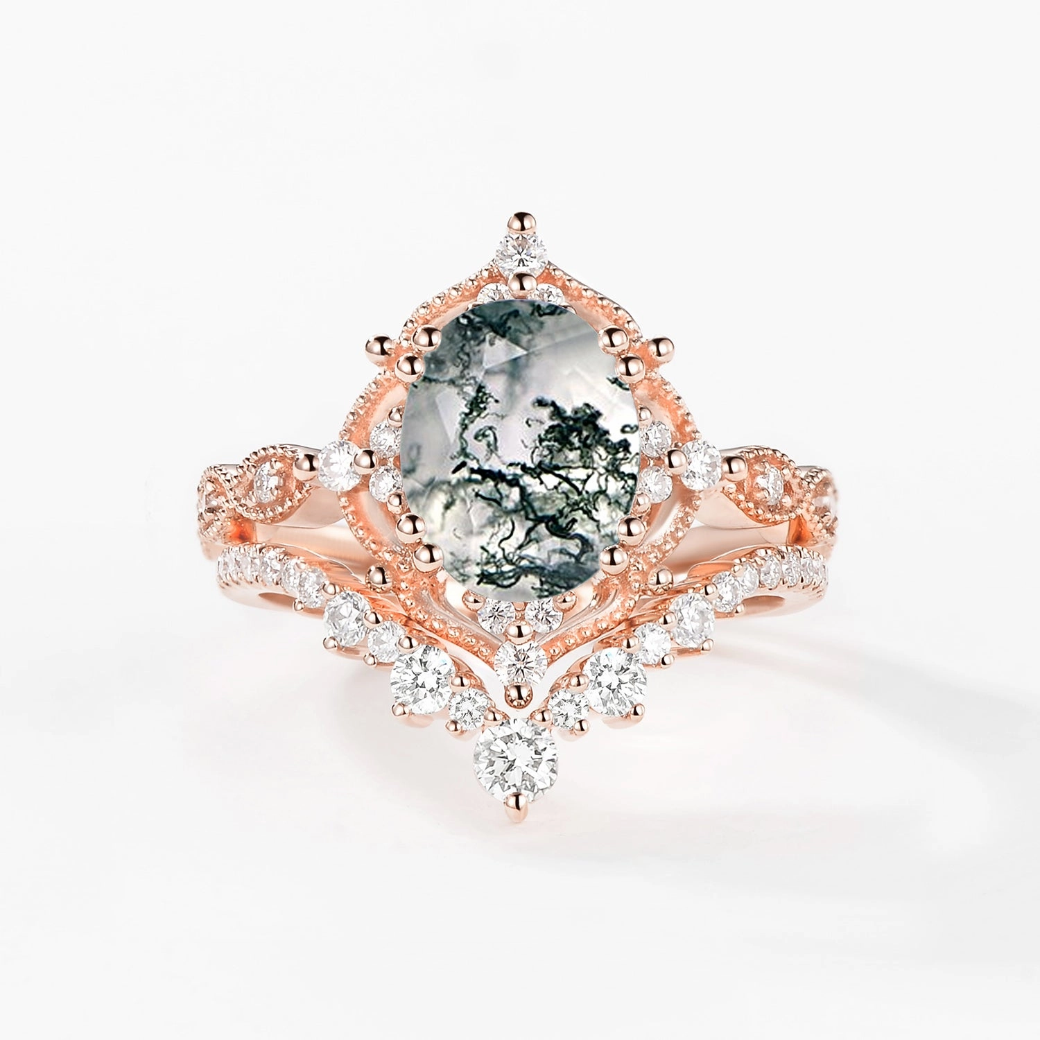 2.0ct Signature Vintage Moss Agate Big Ring Set 2pcs - Charlotte Classic Charm Polished Details