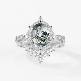 2.0ct Signature Vintage Moss Agate Big Ring Set 2pcs - Charlotte Shining Detail Romantic Present