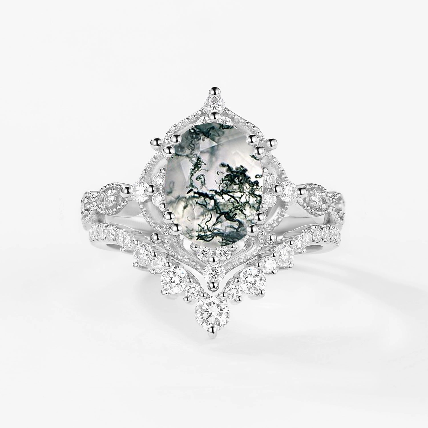 2.0ct Signature Vintage Moss Agate Big Ring Set 2pcs - Charlotte Shining Detail Romantic Present