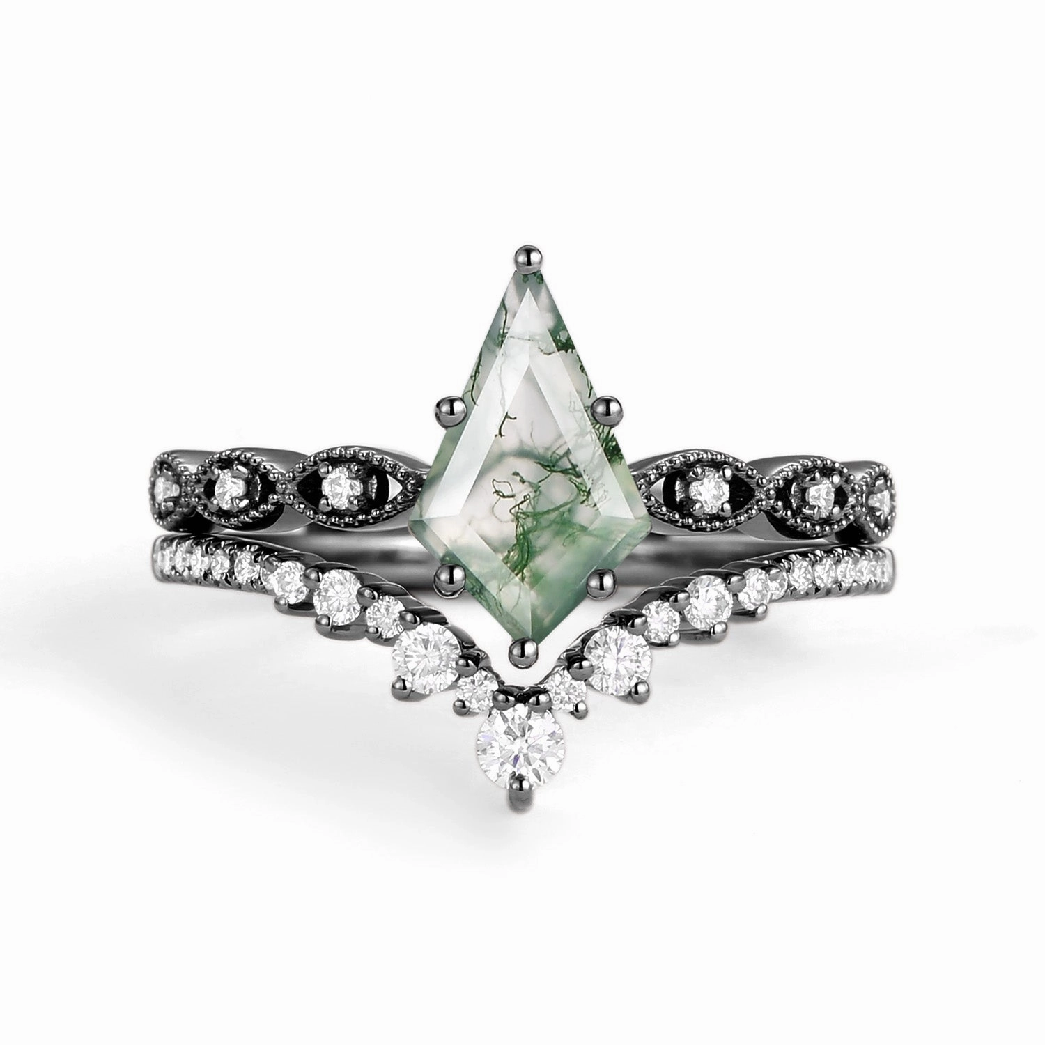 2.0ct Vintage Kite Cut Moss Agate Engagement Ring Set 2pcs - Winona Dainty Design Glossy Vibe